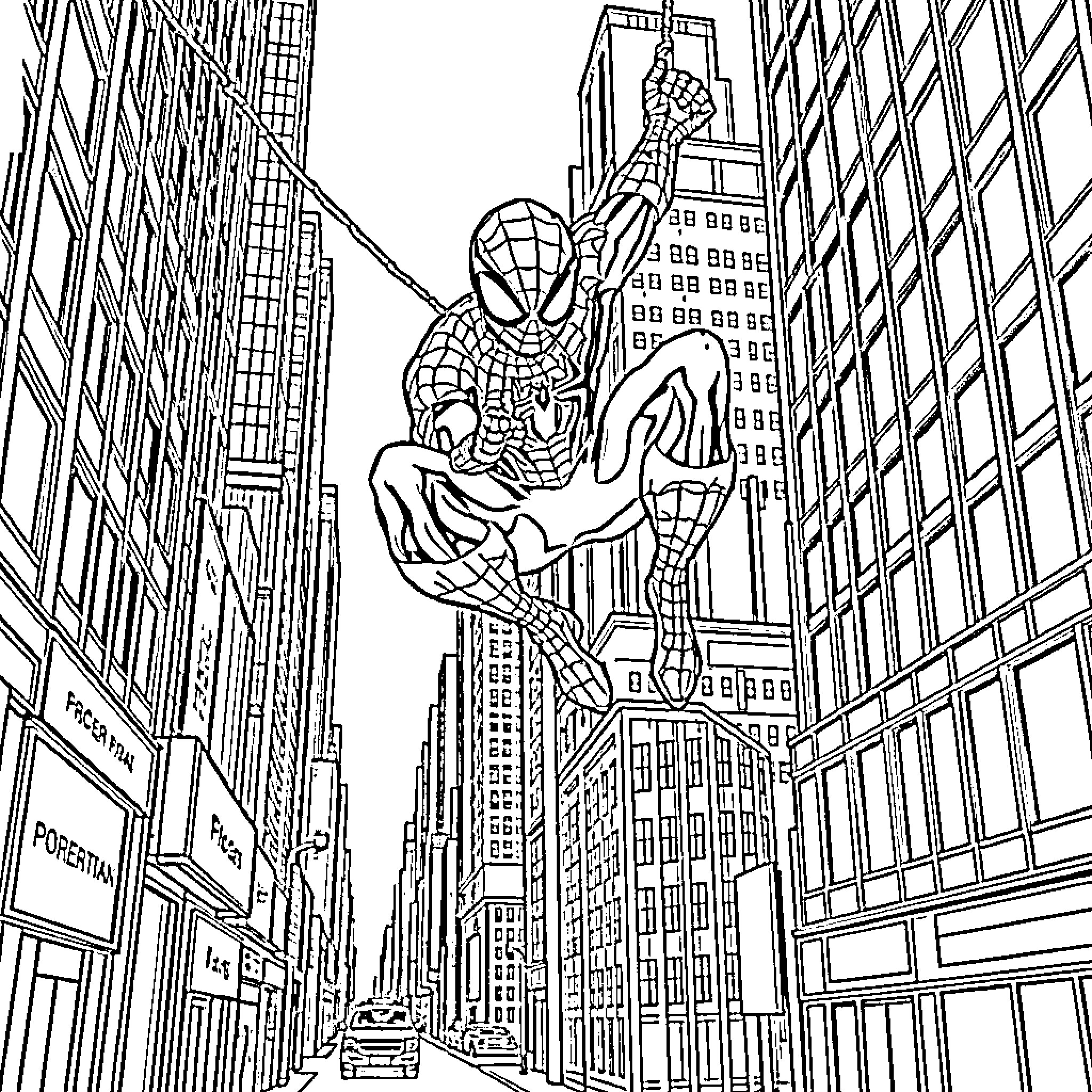 Spider-Man swinging through the city streets Coloring Page (free black-and-white line drawing printable PDF for all, from beginners to advanced learners, including children, teens, adults, and seniors)