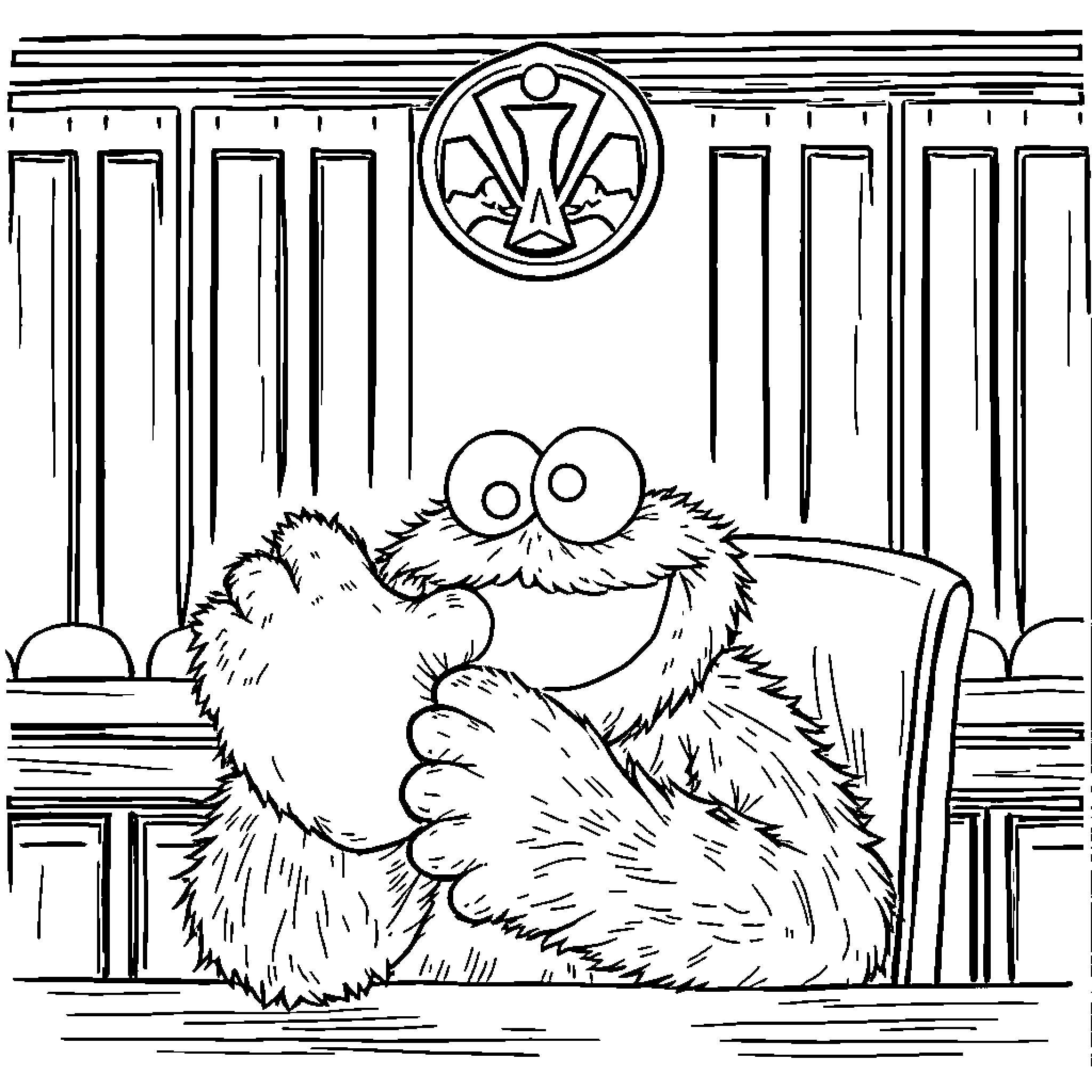 Cookie Monster sitting in a grand chamber Coloring Page (free black-and-white line drawing printable PDF for all, from beginners to advanced learners, including children, teens, adults, and seniors)