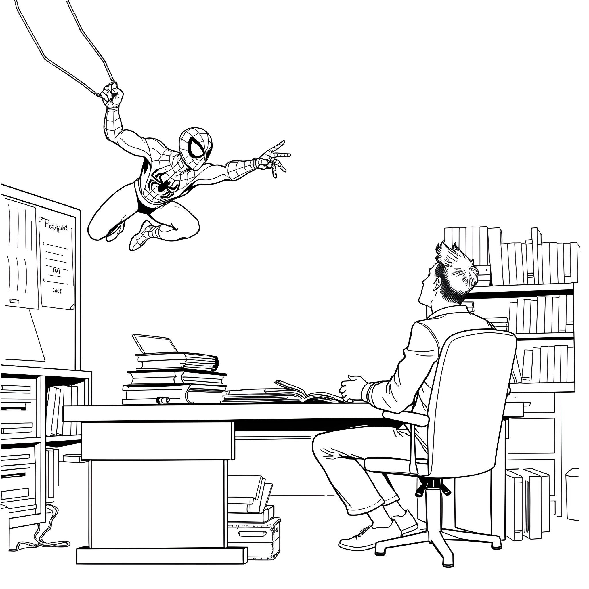 Spider-Man swinging through office while person works at desk Coloring Page (free black-and-white line drawing printable PDF for all, from beginners to advanced learners, including children, teens, adults, and seniors)