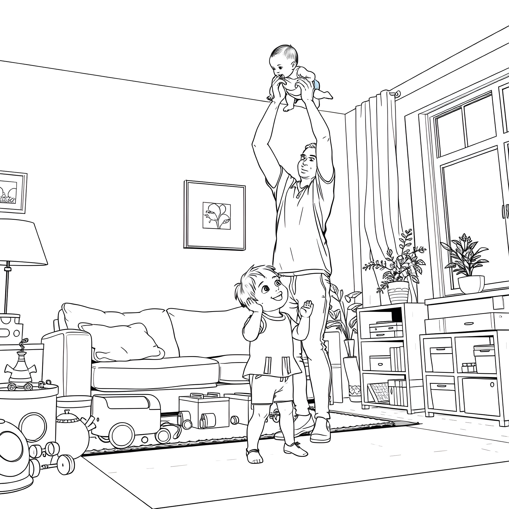 Dad playing with children in the living room Coloring Page (free black-and-white line drawing printable PDF for all, from beginners to advanced learners, including children, teens, adults, and seniors)