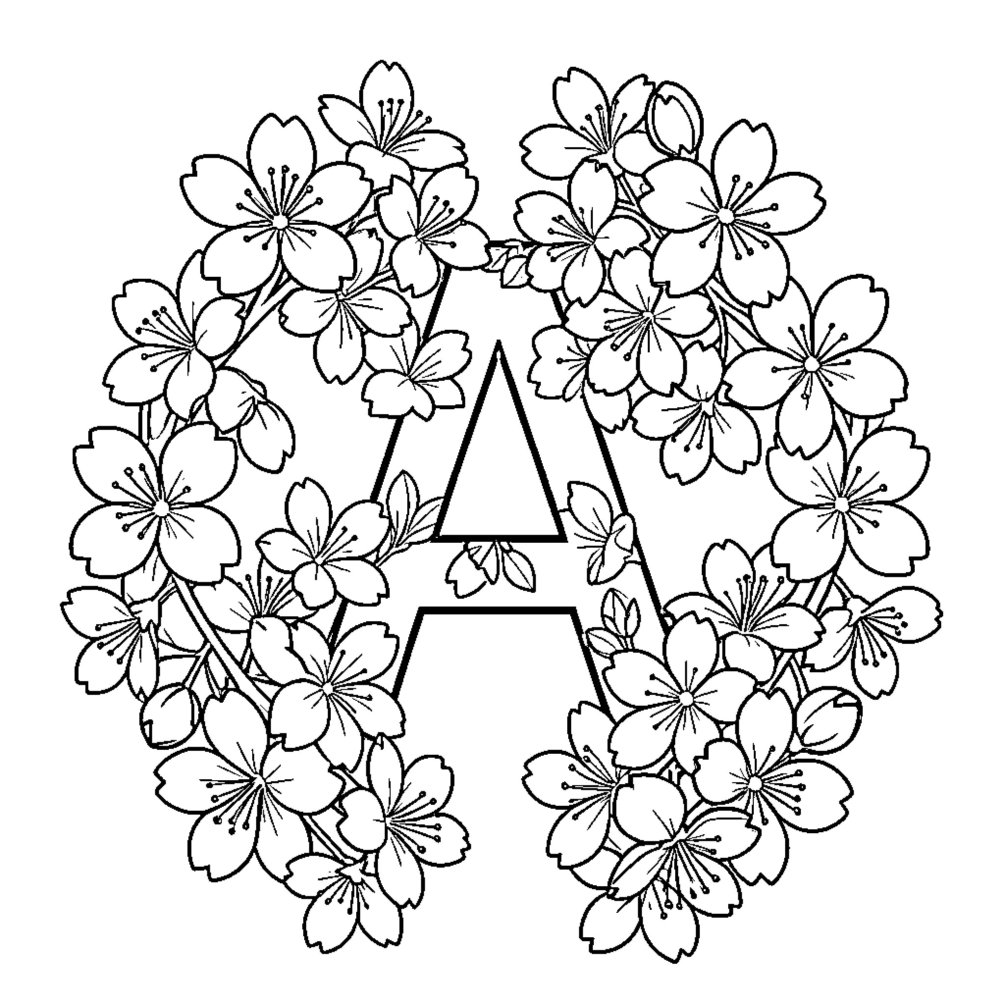 Cherry Blossom flowers forming a circular wreath around a letter Coloring Page (free black-and-white line drawing printable PDF for all, from beginners to advanced learners, including children, teens, adults, and seniors)