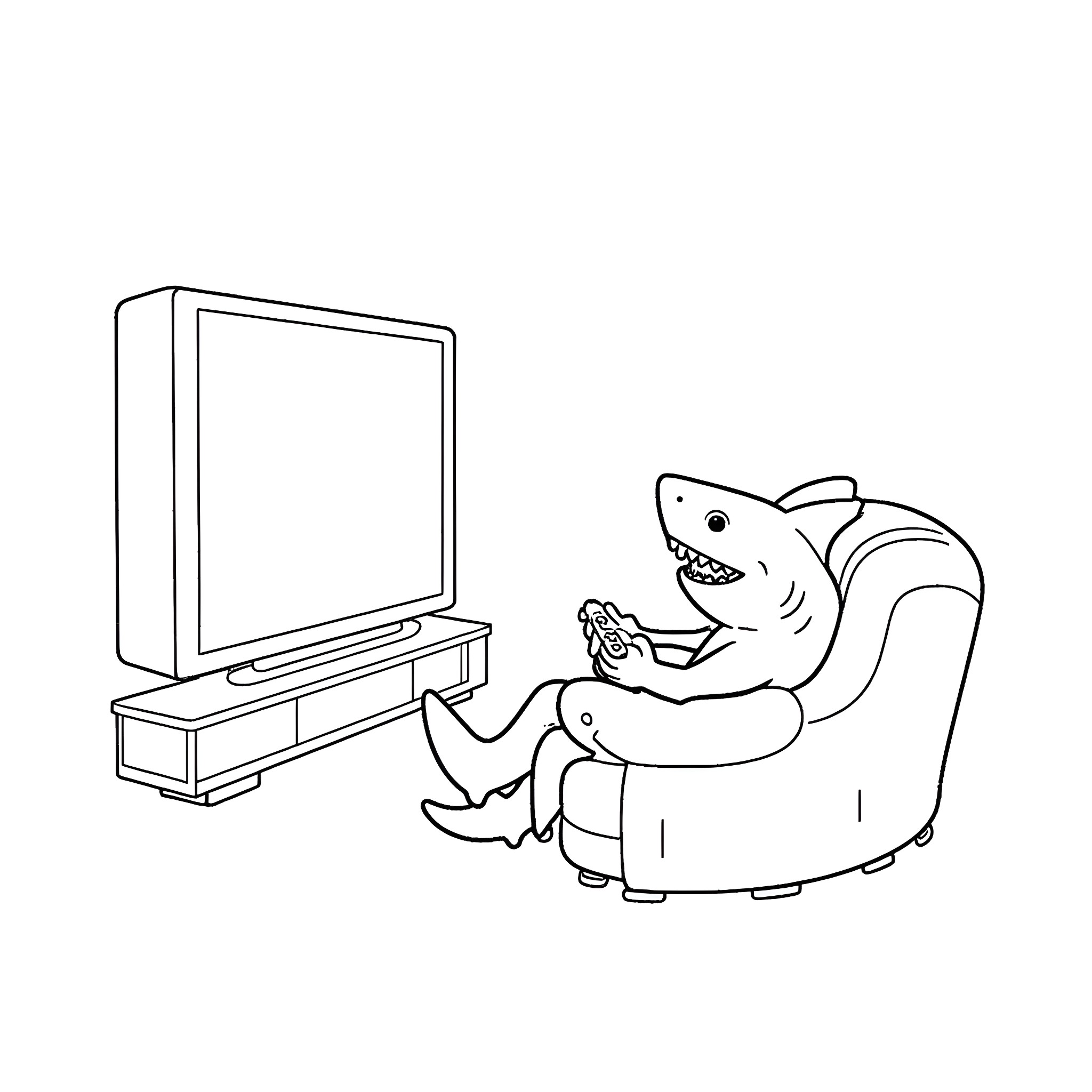 Shark enjoying TV at home Coloring Page (free black-and-white line drawing printable PDF for all, from beginners to advanced learners, including children, teens, adults, and seniors)