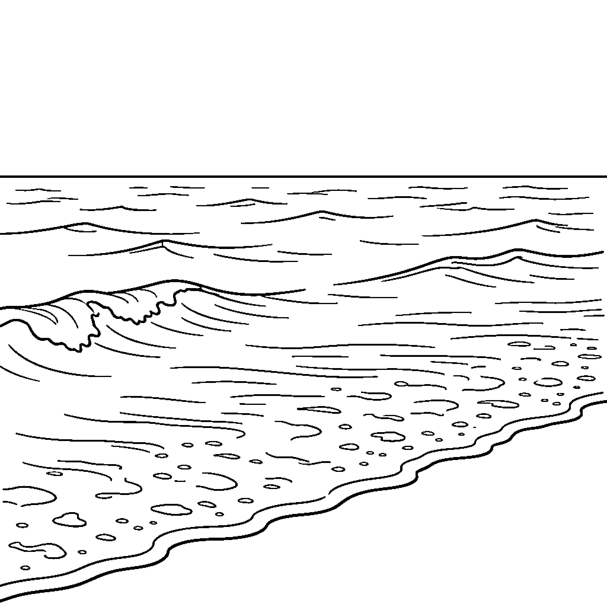 Ocean waves gently crashing onto the sandy shore Coloring Page (free black-and-white line drawing printable PDF for all, from beginners to advanced learners, including children, teens, adults, and seniors)