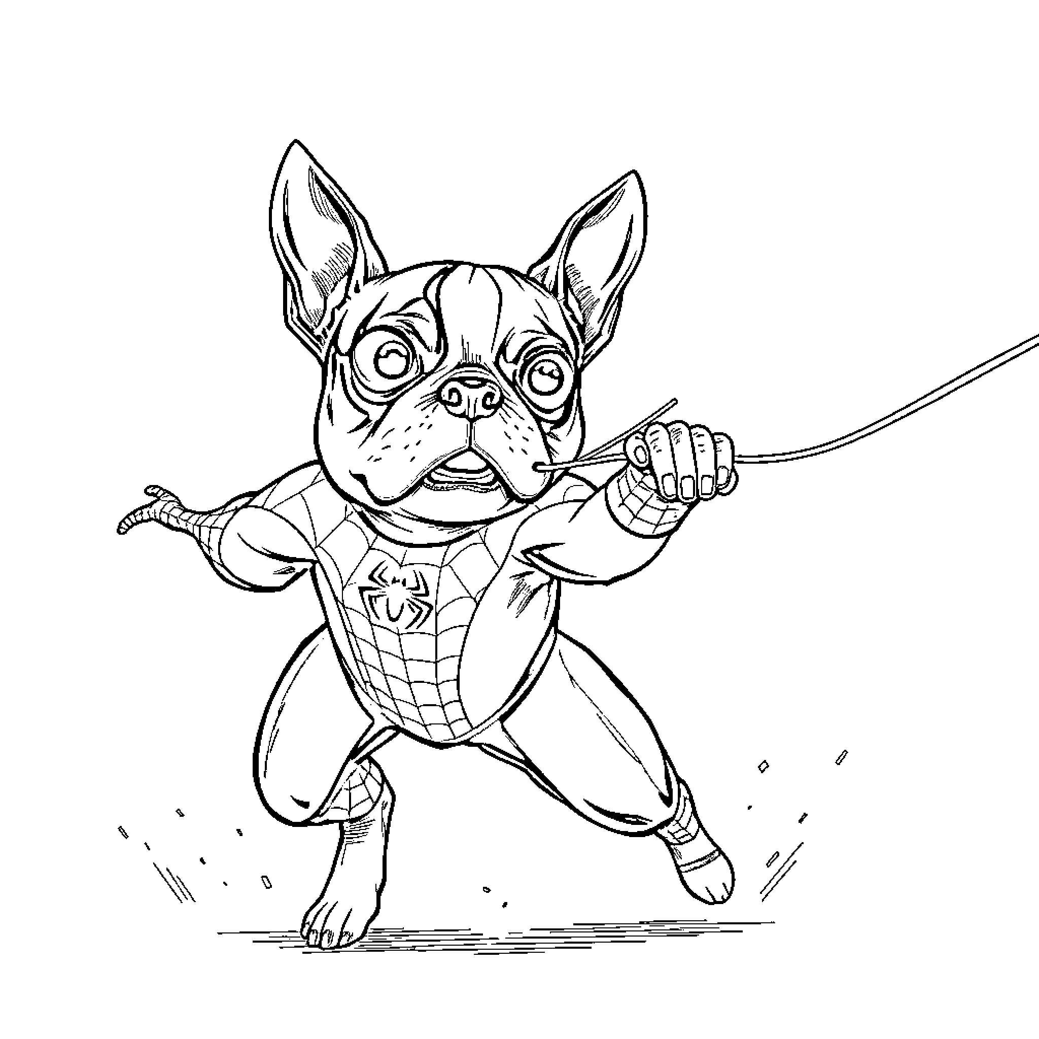 Boston Terrier superhero swinging on web Coloring Page (free black-and-white line drawing printable PDF for all, from beginners to advanced learners, including children, teens, adults, and seniors)
