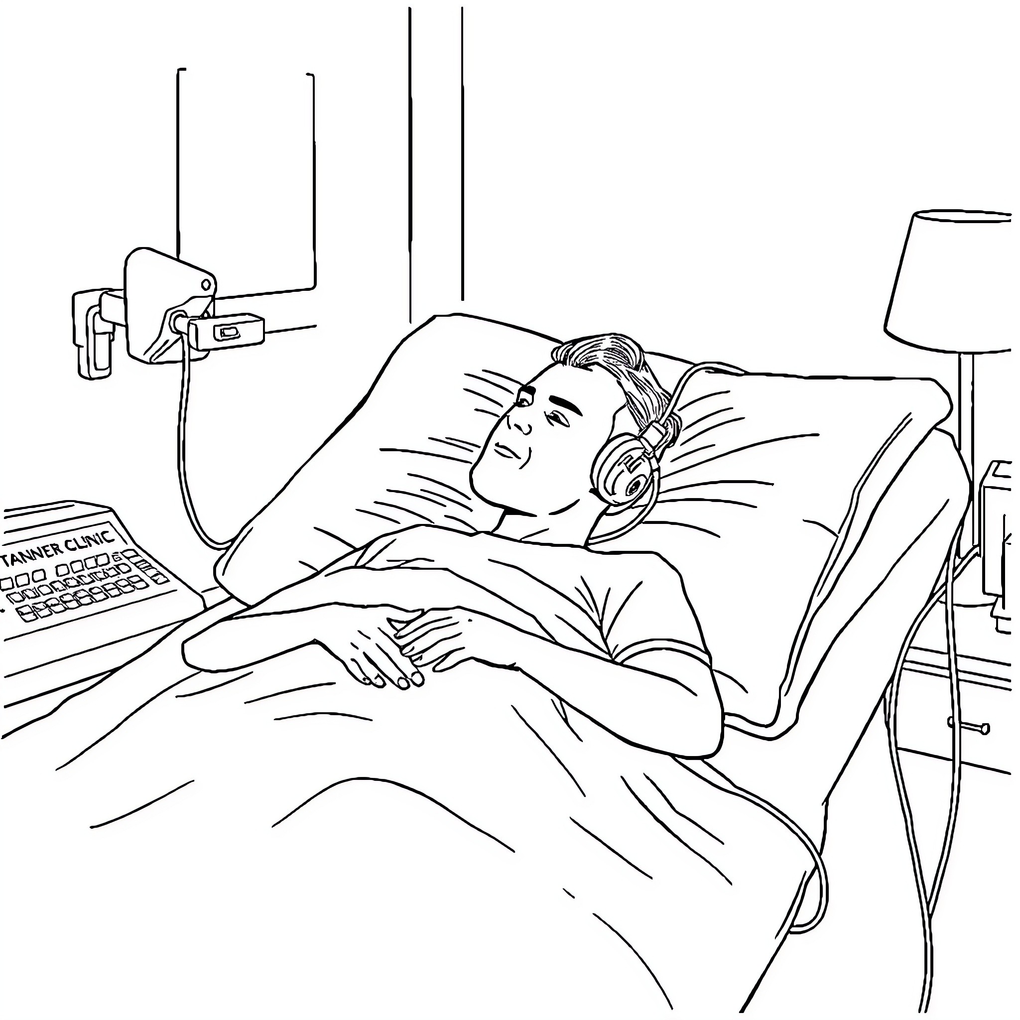 Man resting comfortably in hospital bed Coloring Page (free black-and-white line drawing printable PDF for all, from beginners to advanced learners, including children, teens, adults, and seniors)
