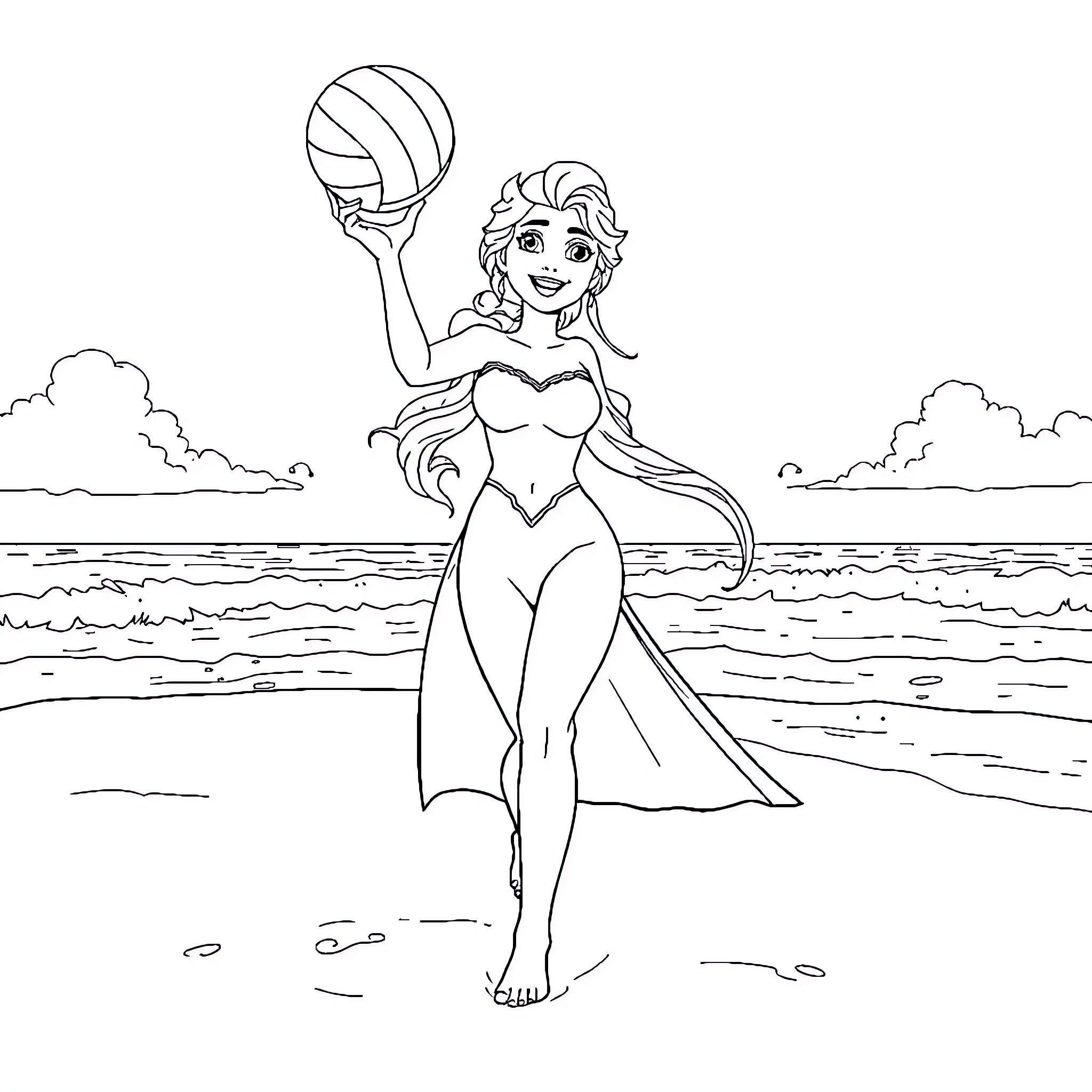 Princess playing beach volleyball near the ocean Coloring Page (free black-and-white line drawing printable PDF for all, from beginners to advanced learners, including children, teens, adults, and seniors)