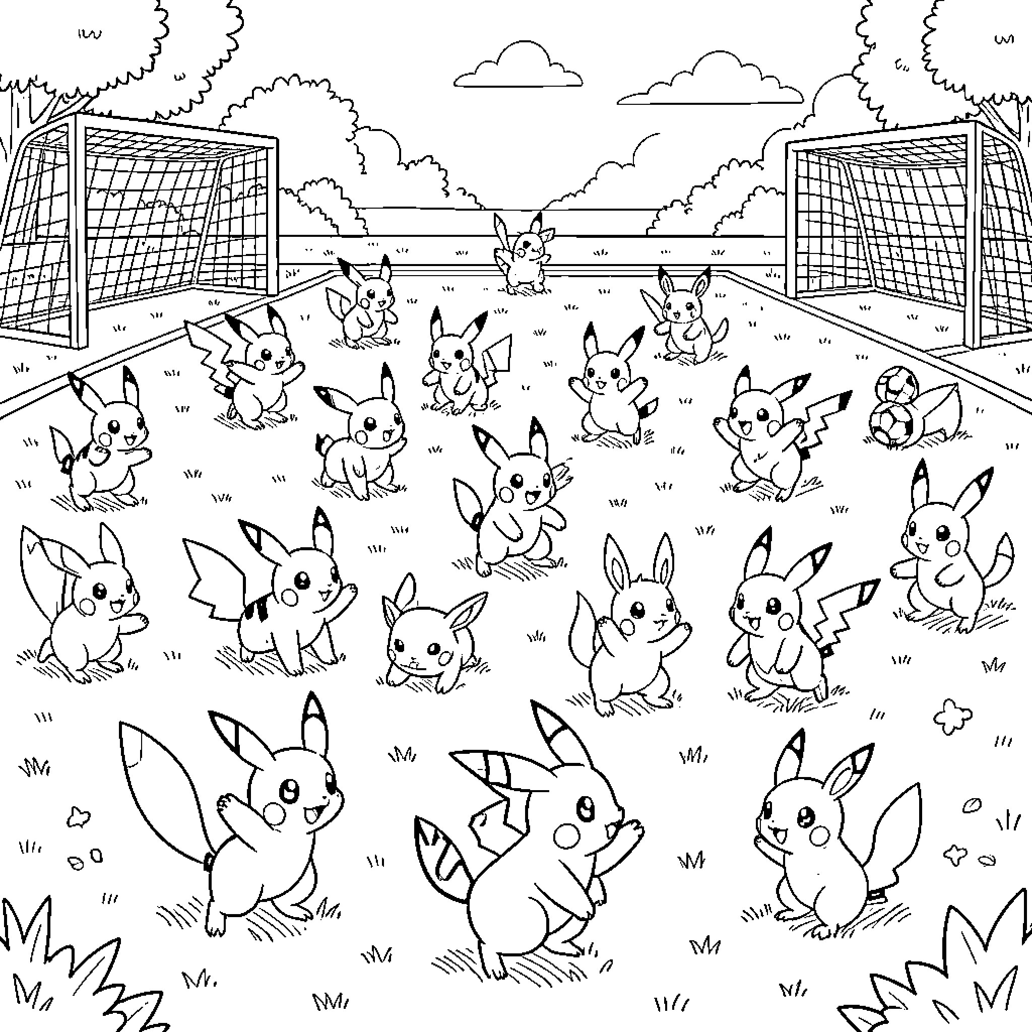 Pokémon playing soccer together in a field Coloring Page (free black-and-white line drawing printable PDF for all, from beginners to advanced learners, including children, teens, adults, and seniors)
