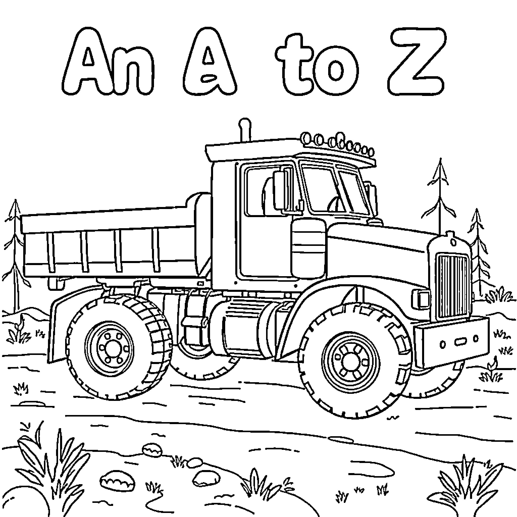 Book of big construction vehicle in nature Coloring Page (free black-and-white line drawing printable PDF for all, from beginners to advanced learners, including children, teens, adults, and seniors)