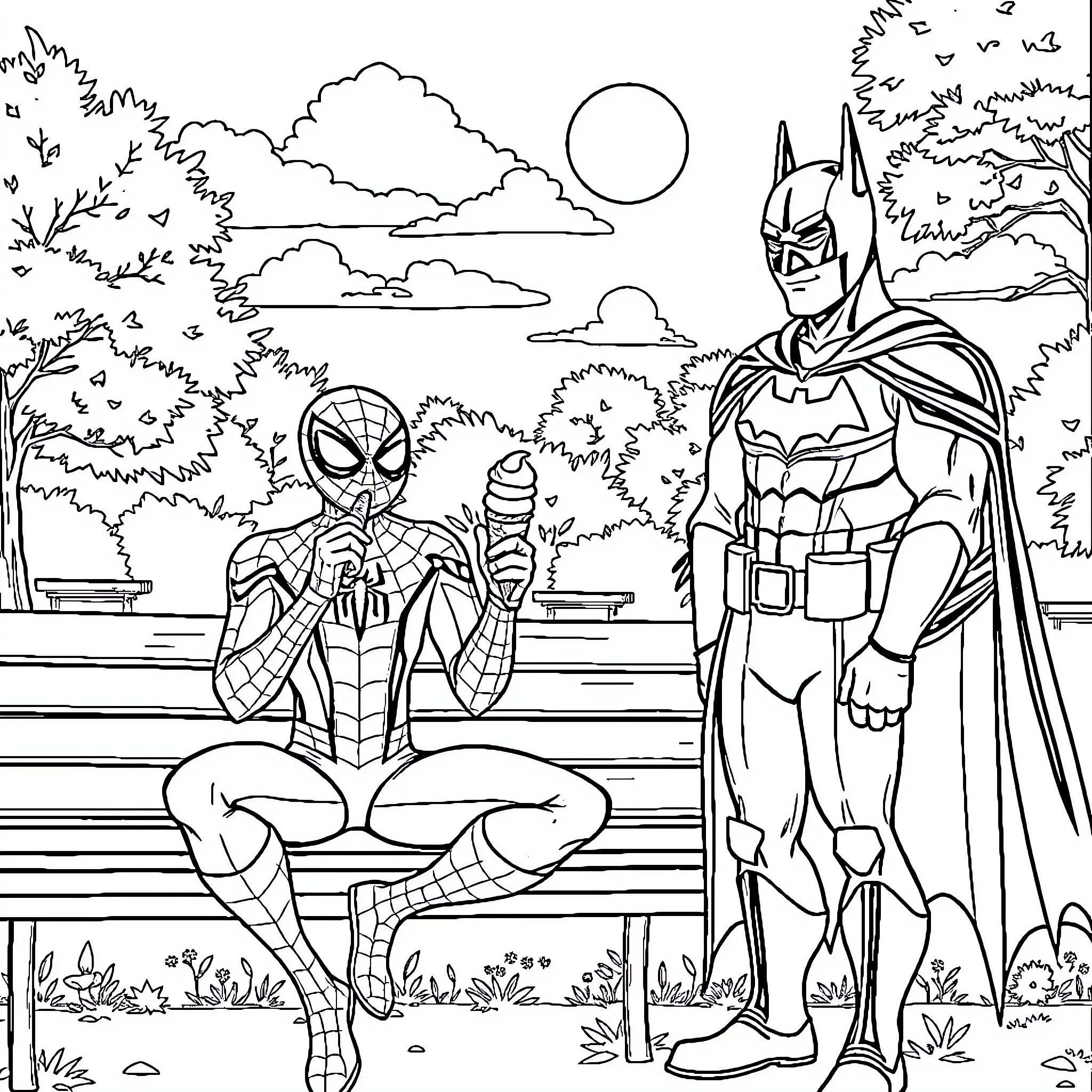Spiderman and Batman in the Park Coloring Page (free black-and-white line drawing printable PDF for all, from beginners to advanced learners, including children, teens, adults, and seniors)