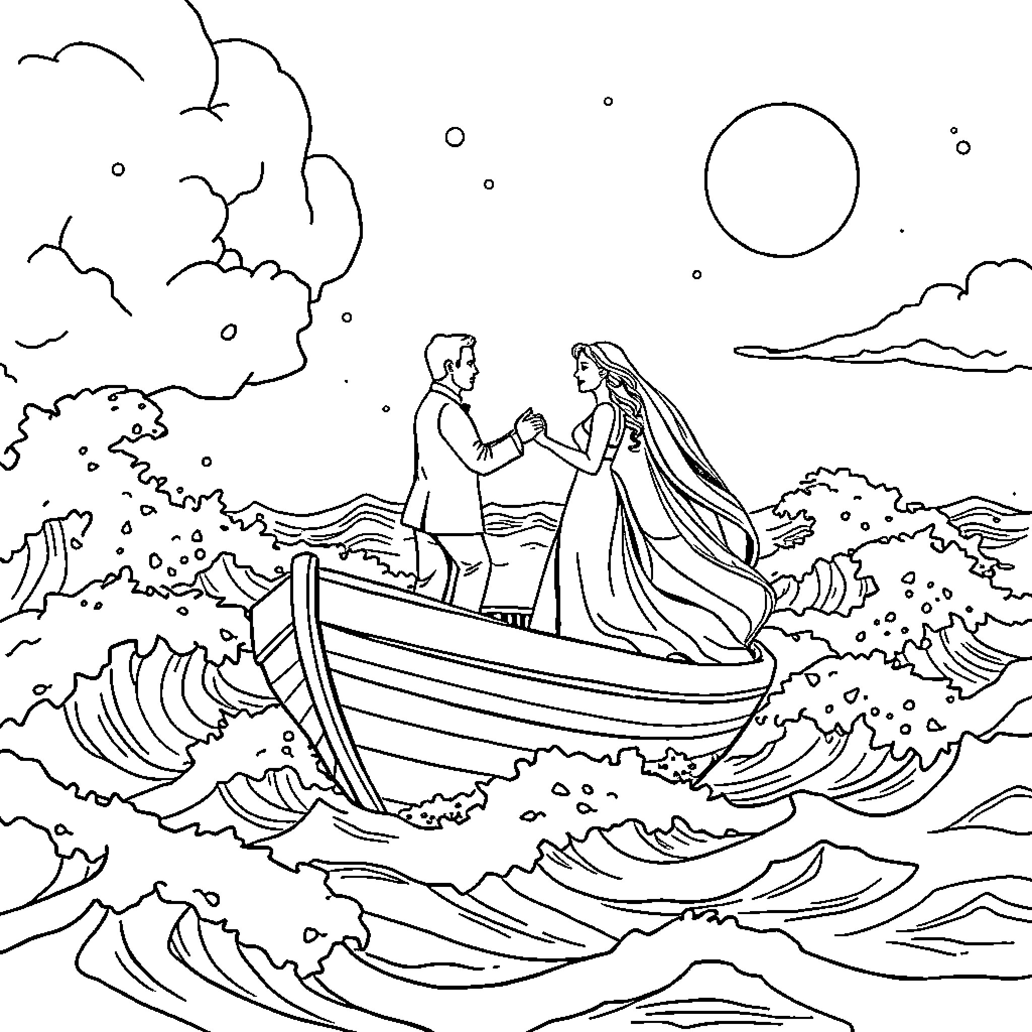 Person embracing on a boat surrounded by waves Coloring Page (free black-and-white line drawing printable PDF for all, from beginners to advanced learners, including children, teens, adults, and seniors)