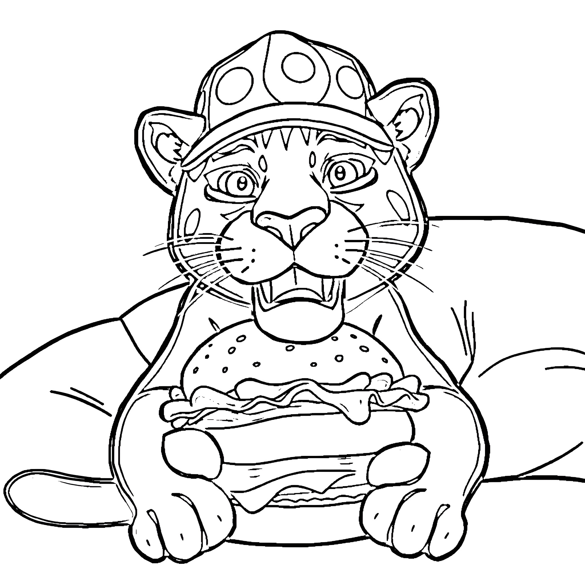 Panther enjoying a tasty burger Coloring Page (free black-and-white line drawing printable PDF for all, from beginners to advanced learners, including children, teens, adults, and seniors)