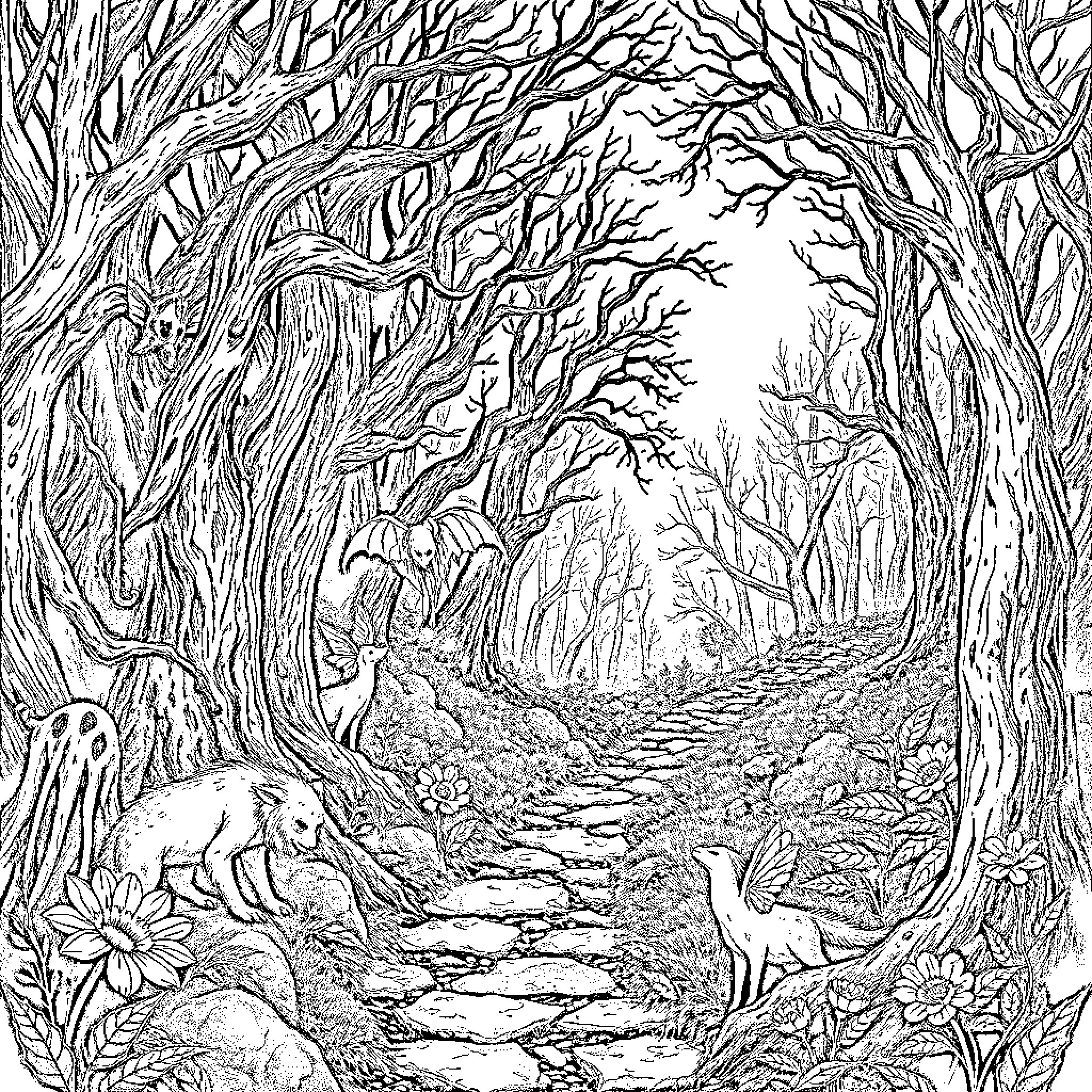 Faery Forest Path Enchanted with Woodland Creatures Coloring Page (free black-and-white line drawing printable PDF for all, from beginners to advanced learners, including children, teens, adults, and seniors)