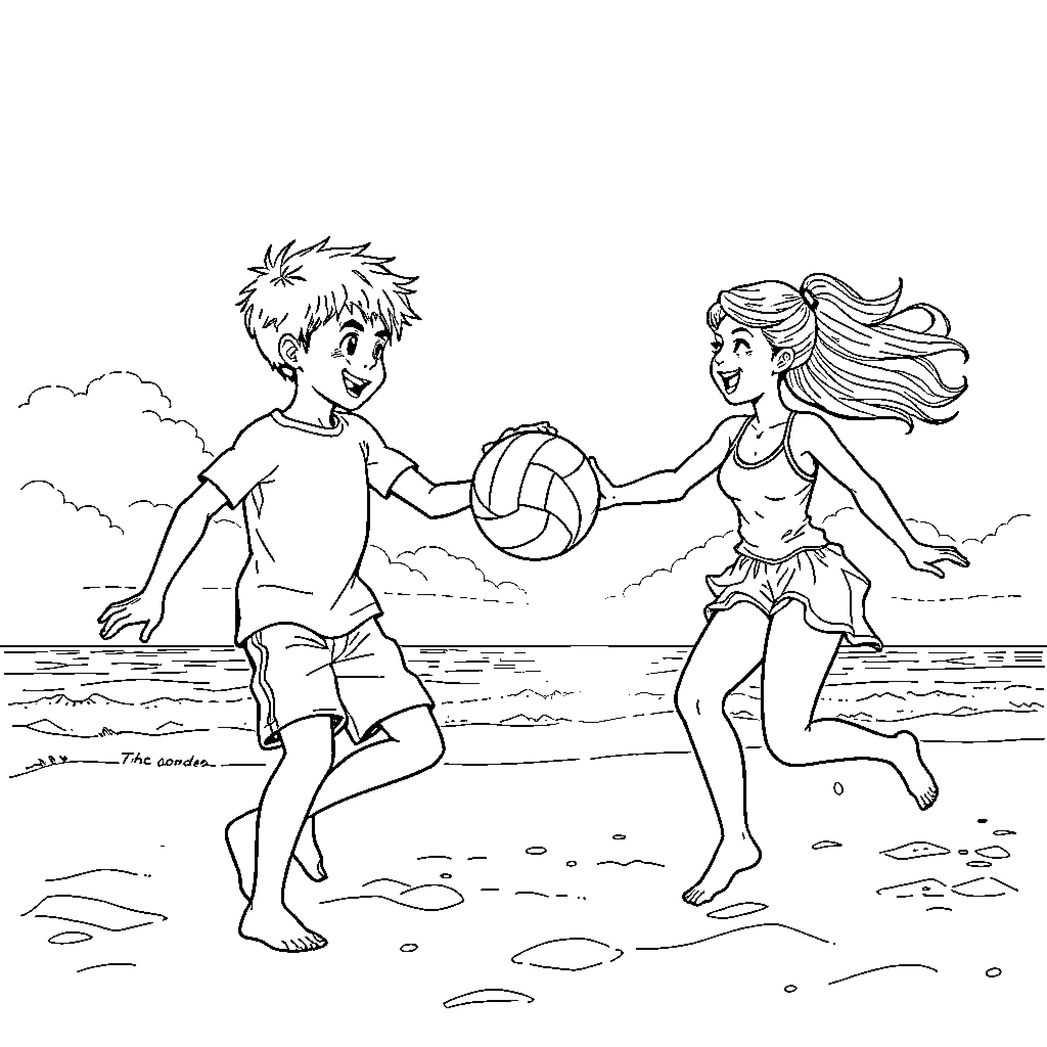 Boy and Girl Playing Beach Volleyball Coloring Page (free black-and-white line drawing printable PDF for all, from beginners to advanced learners, including children, teens, adults, and seniors)