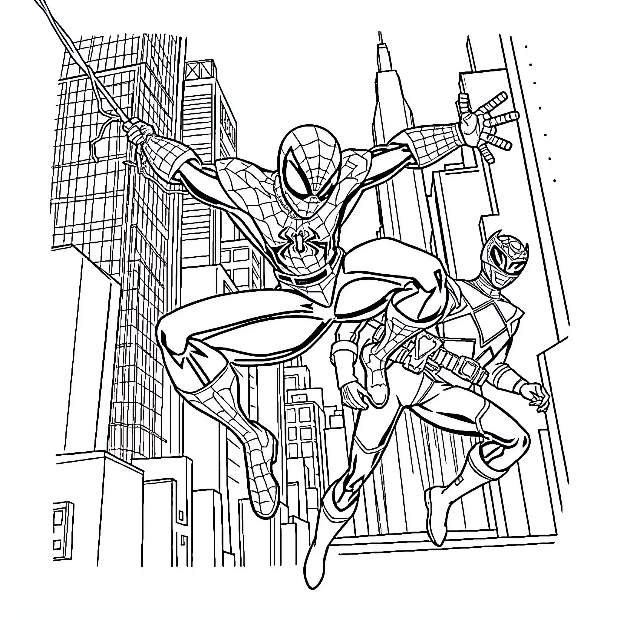 Spiderman swinging through the city skyline Coloring Page (free black-and-white line drawing printable PDF for all, from beginners to advanced learners, including children, teens, adults, and seniors)