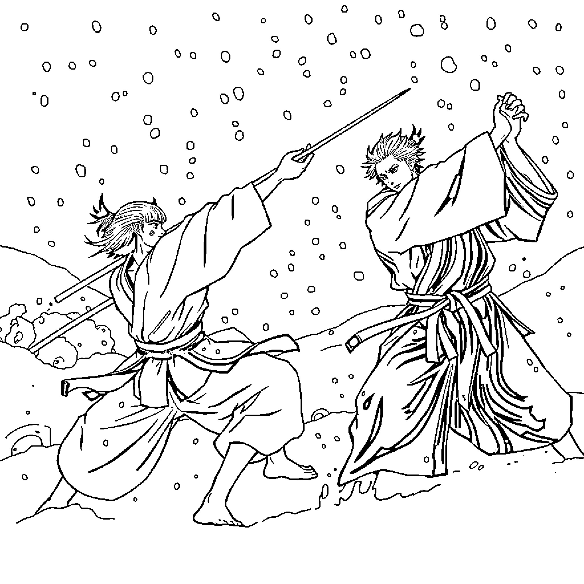 Jujutsu Kaisen: Two Sorcerers Battling in Snowy Landscape Coloring Page (free black-and-white line drawing printable PDF for all, from beginners to advanced learners, including children, teens, adults, and seniors)