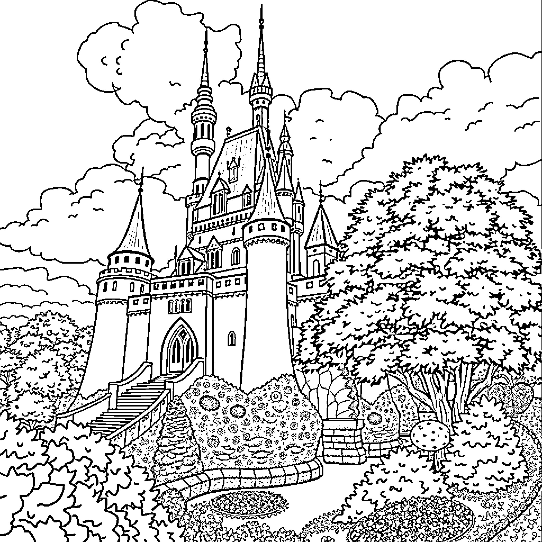 Castle with ornate towers in a lush, natural setting Coloring Page (free black-and-white line drawing printable PDF for all, from beginners to advanced learners, including children, teens, adults, and seniors)