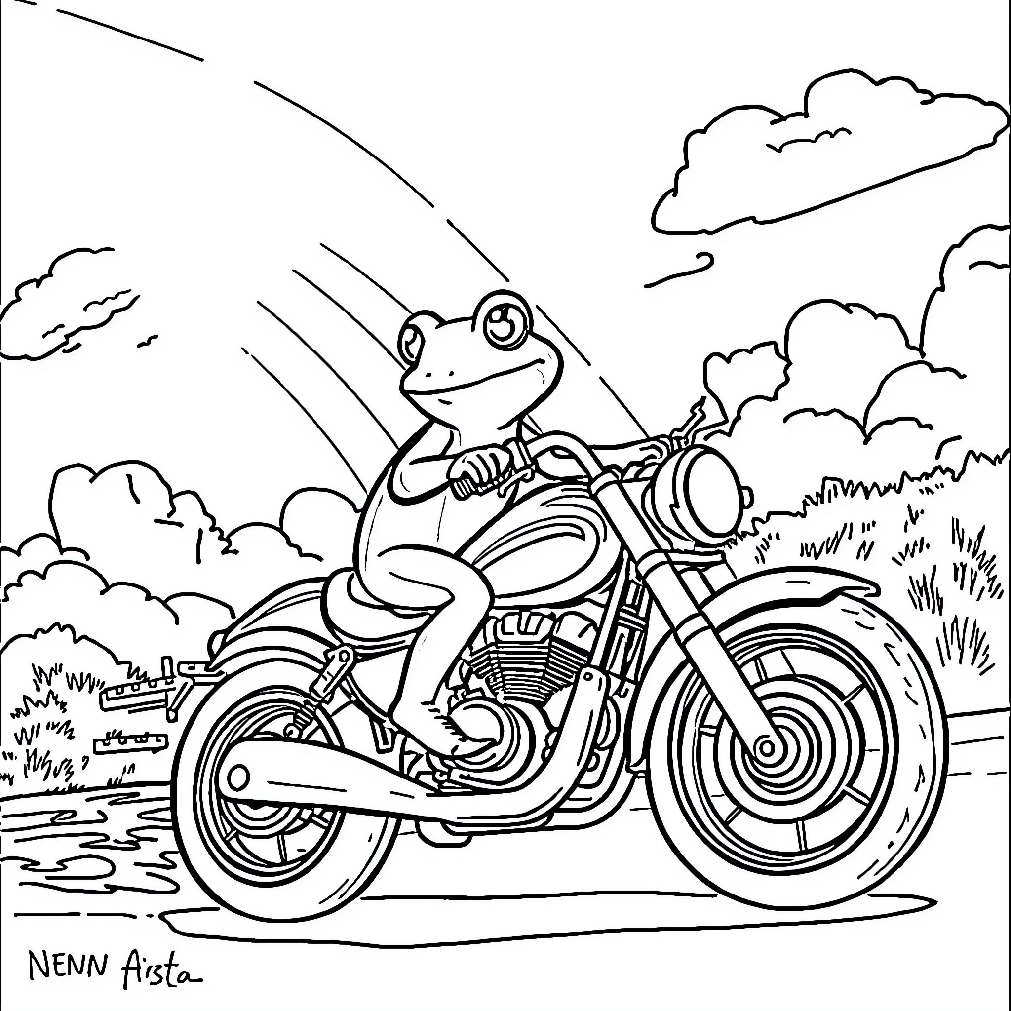 Frog riding a motorcycle on the road Coloring Page (free black-and-white line drawing printable PDF for all, from beginners to advanced learners, including children, teens, adults, and seniors)