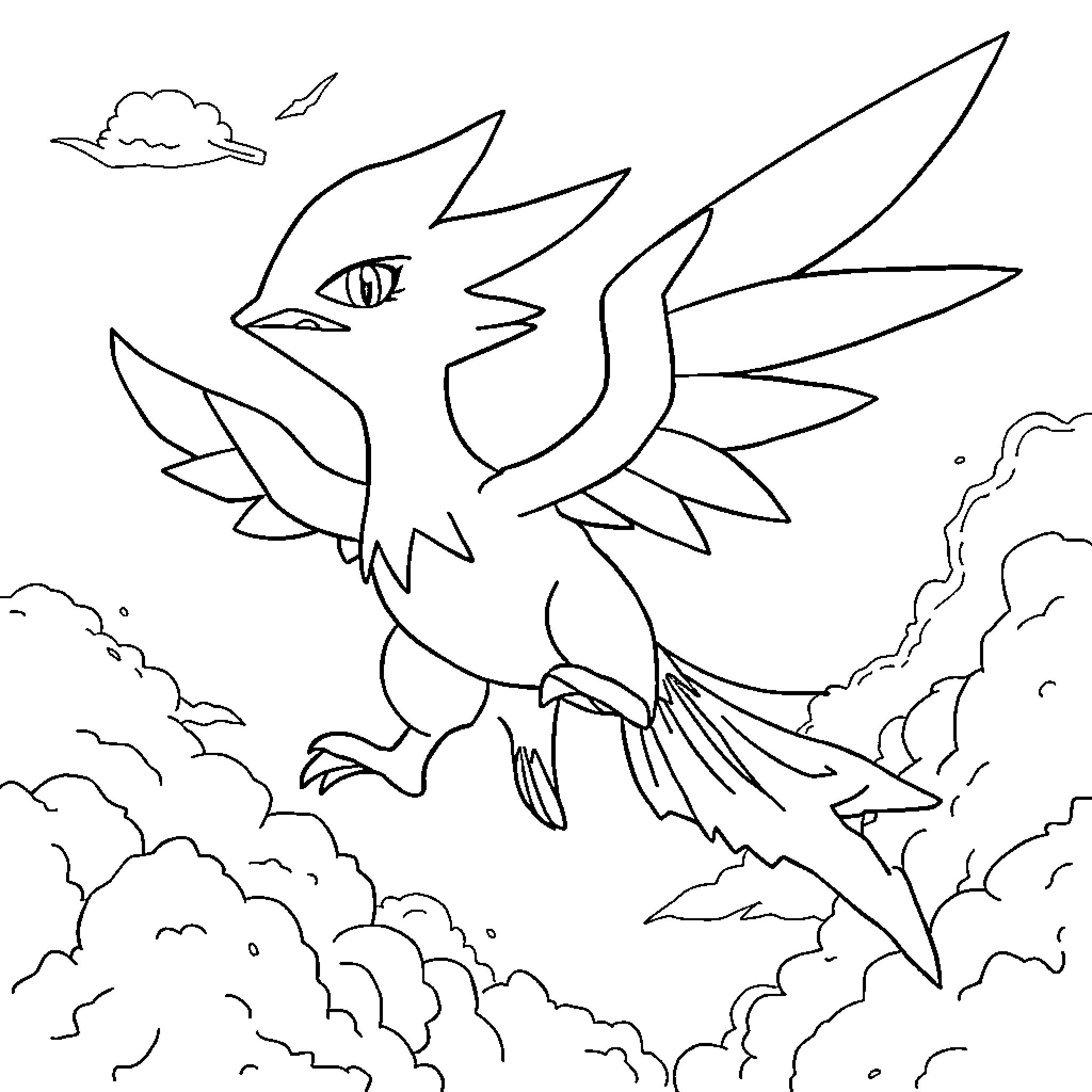 Zapdos soaring through the clouds Coloring Page (free black-and-white line drawing printable PDF for all, from beginners to advanced learners, including children, teens, adults, and seniors)