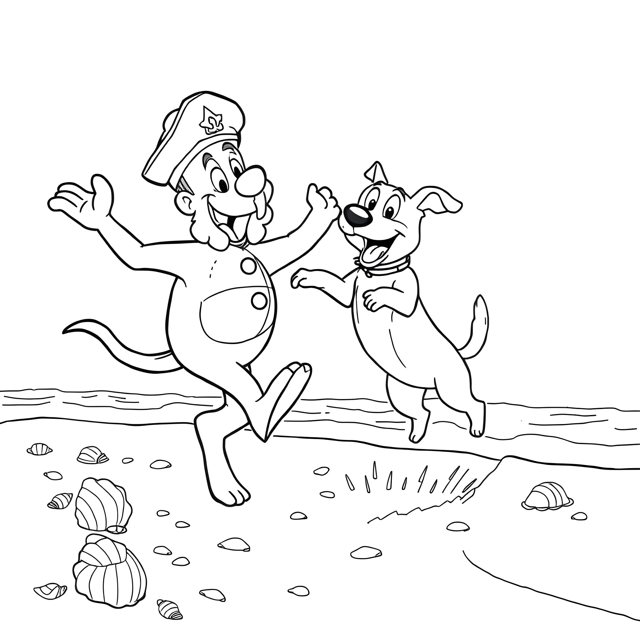 Captain Barnacles and his pet dog playing at the beach Coloring Page (free black-and-white line drawing printable PDF for all, from beginners to advanced learners, including children, teens, adults, and seniors)