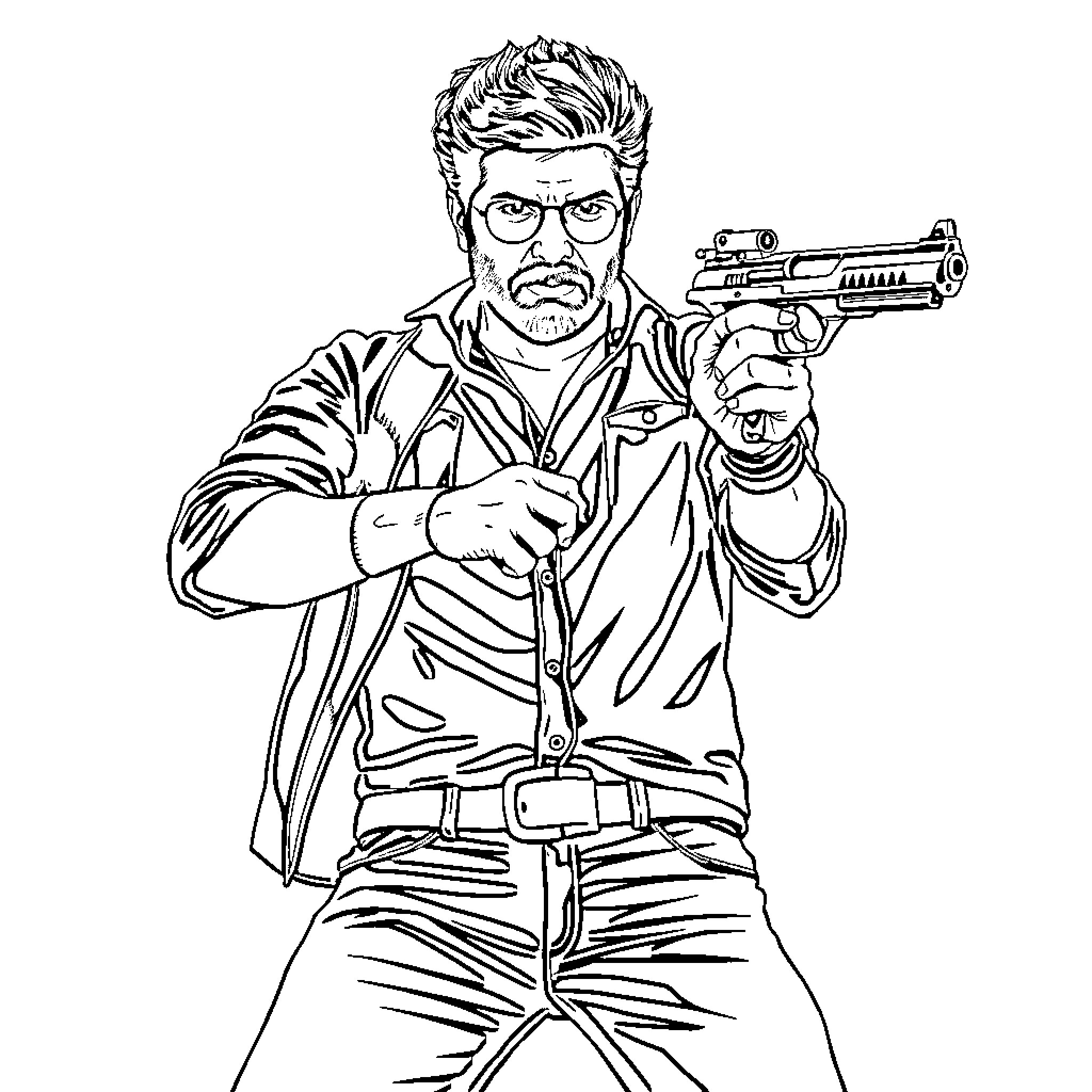 Kiccha Sudeep as an action hero with a gun Coloring Page (free black-and-white line drawing printable PDF for all, from beginners to advanced learners, including children, teens, adults, and seniors)