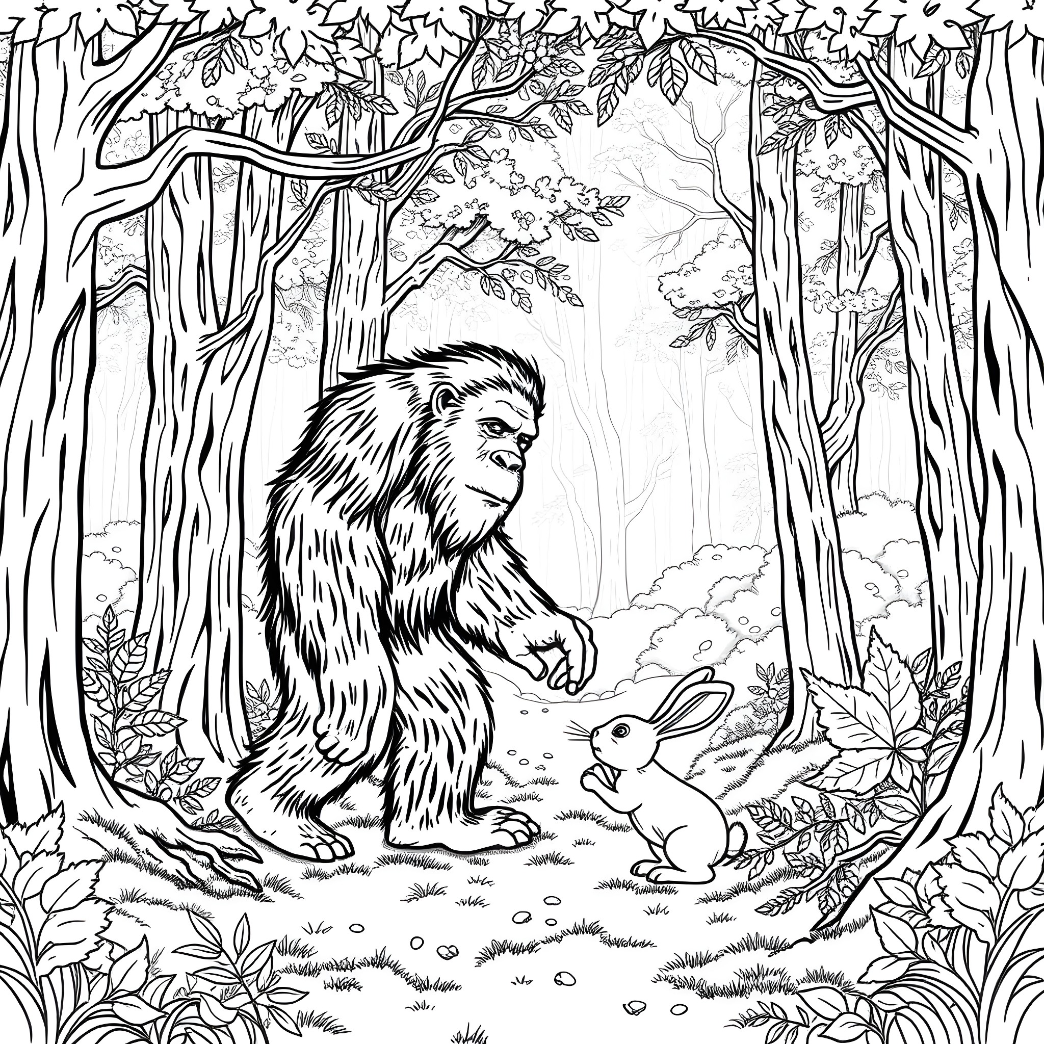 Bigfoot observing a rabbit in the forest Coloring Page (free black-and-white line drawing printable PDF for all, from beginners to advanced learners, including children, teens, adults, and seniors)
