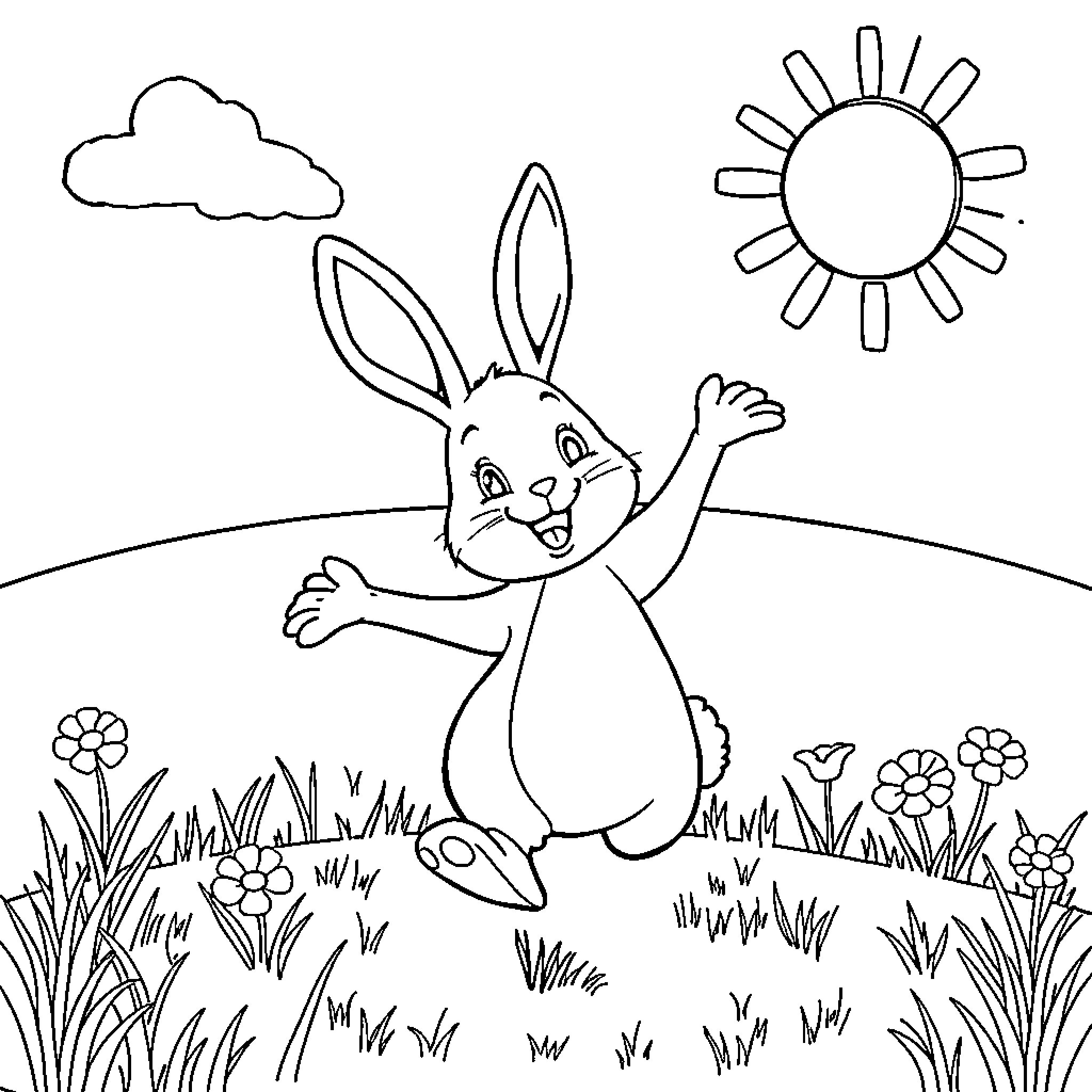 Rabbit hopping joyfully in the sunny meadow Coloring Page (free black-and-white line drawing printable PDF for all, from beginners to advanced learners, including children, teens, adults, and seniors)