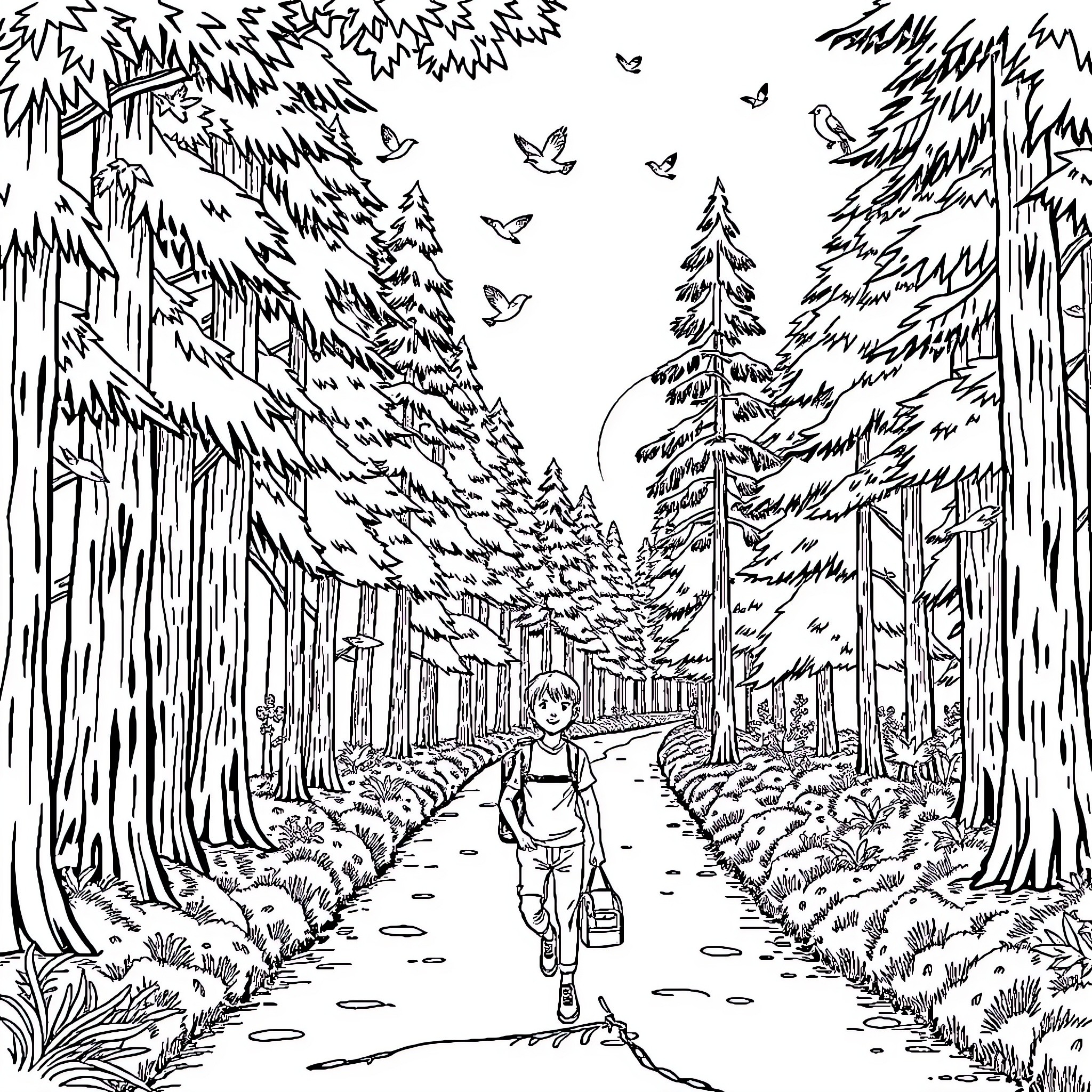 Boy exploring the enchanted forest path Coloring Page (free black-and-white line drawing printable PDF for all, from beginners to advanced learners, including children, teens, adults, and seniors)