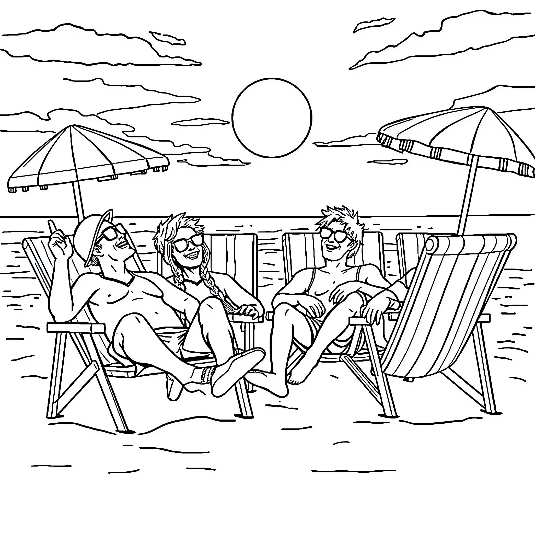 Stoner friends relaxing at the beach Coloring Page (free black-and-white line drawing printable PDF for all, from beginners to advanced learners, including children, teens, adults, and seniors)