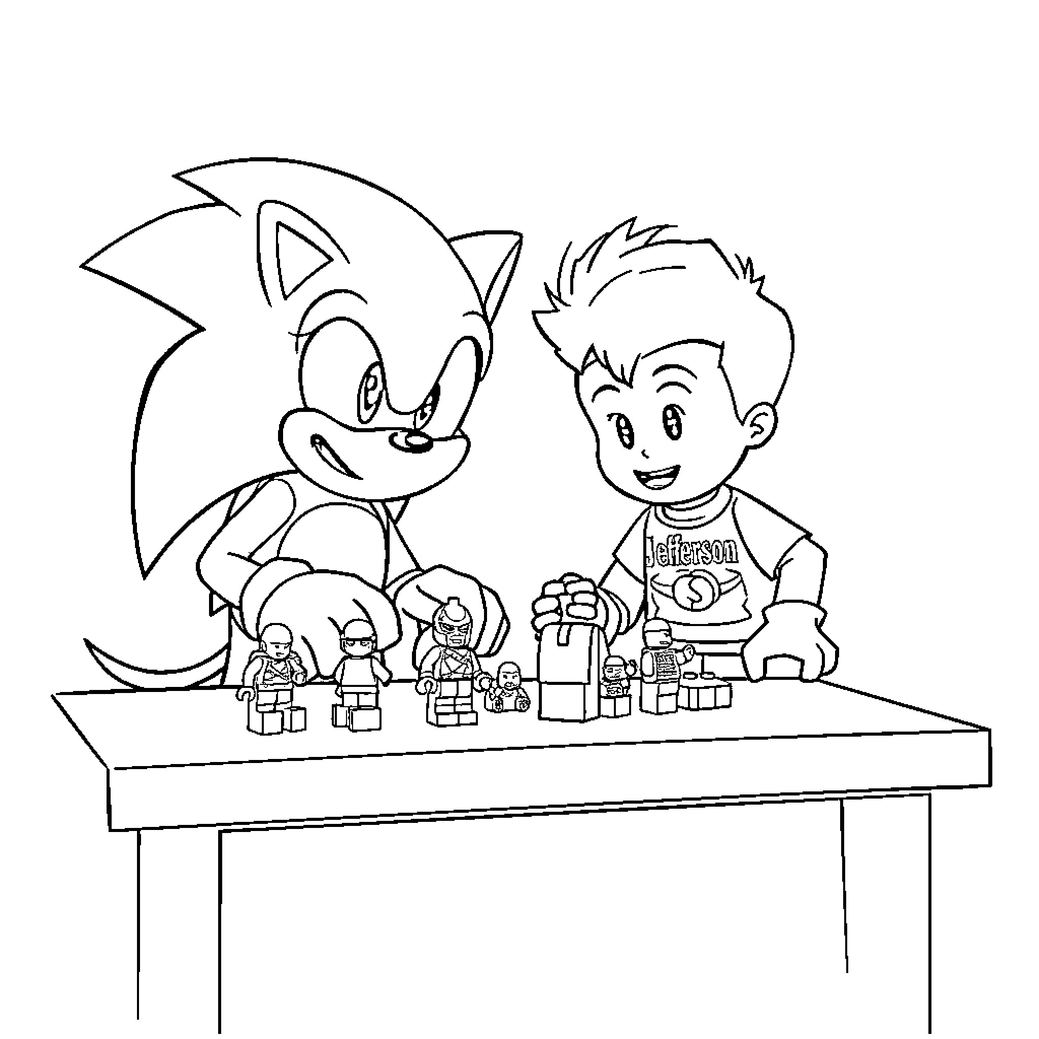 Sonic and boy playing with toys on table Coloring Page (free black-and-white line drawing printable PDF for all, from beginners to advanced learners, including children, teens, adults, and seniors)