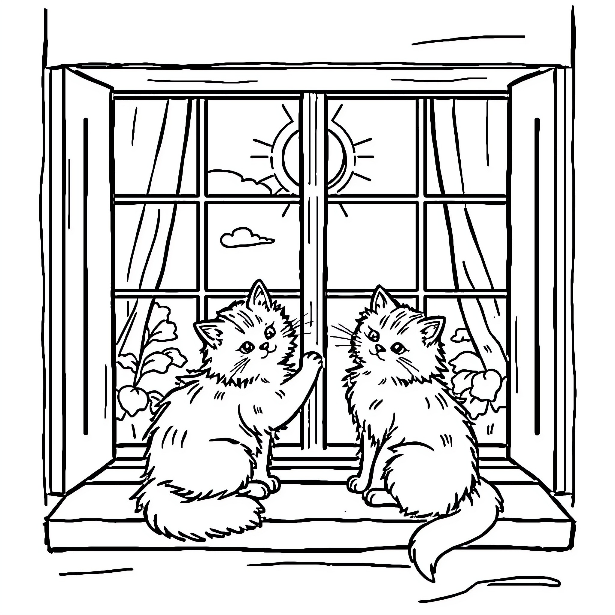 Cats Relaxing by the Window Coloring Page (free black-and-white line drawing printable PDF for all, from beginners to advanced learners, including children, teens, adults, and seniors)