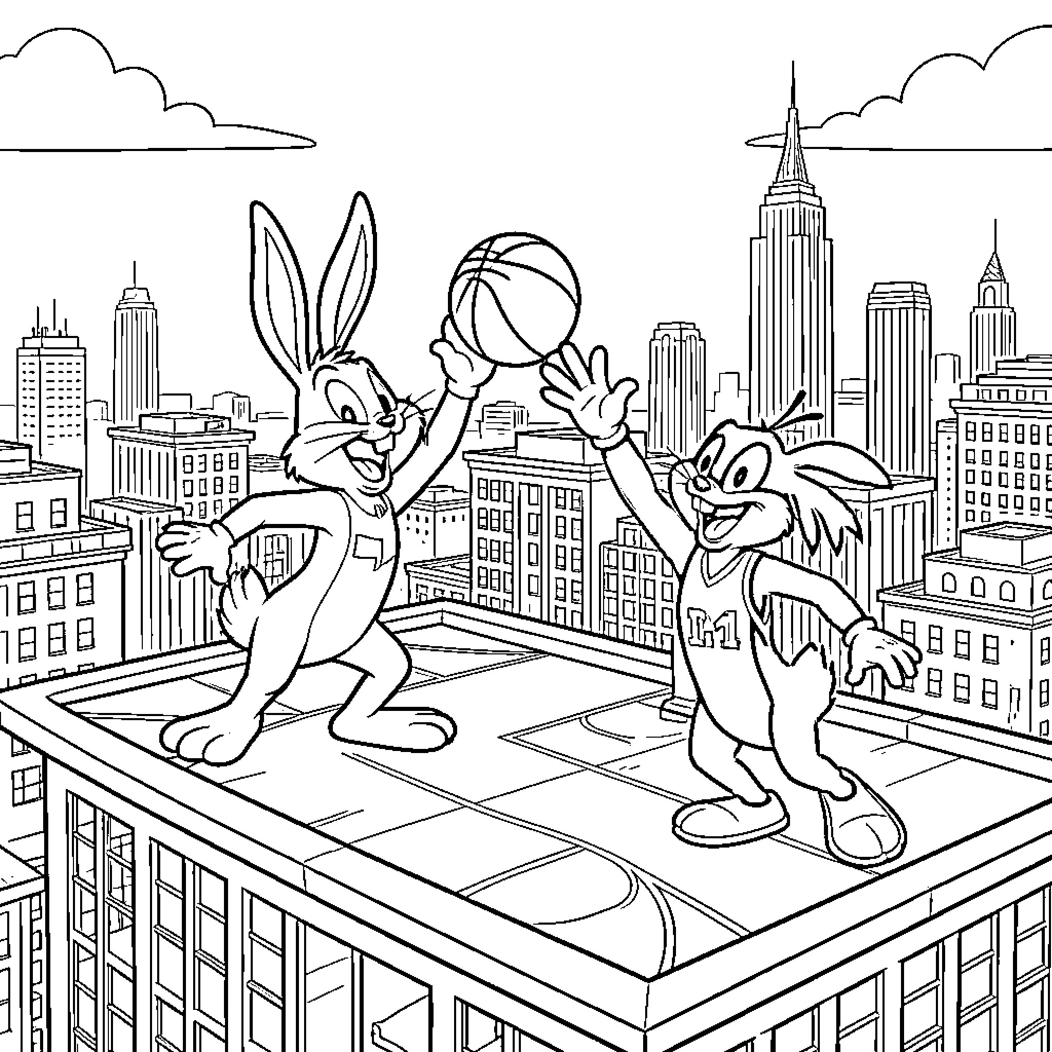 Looney Tunes characters playing basketball on a city rooftop Coloring Page (free black-and-white line drawing printable PDF for all, from beginners to advanced learners, including children, teens, adults, and seniors)