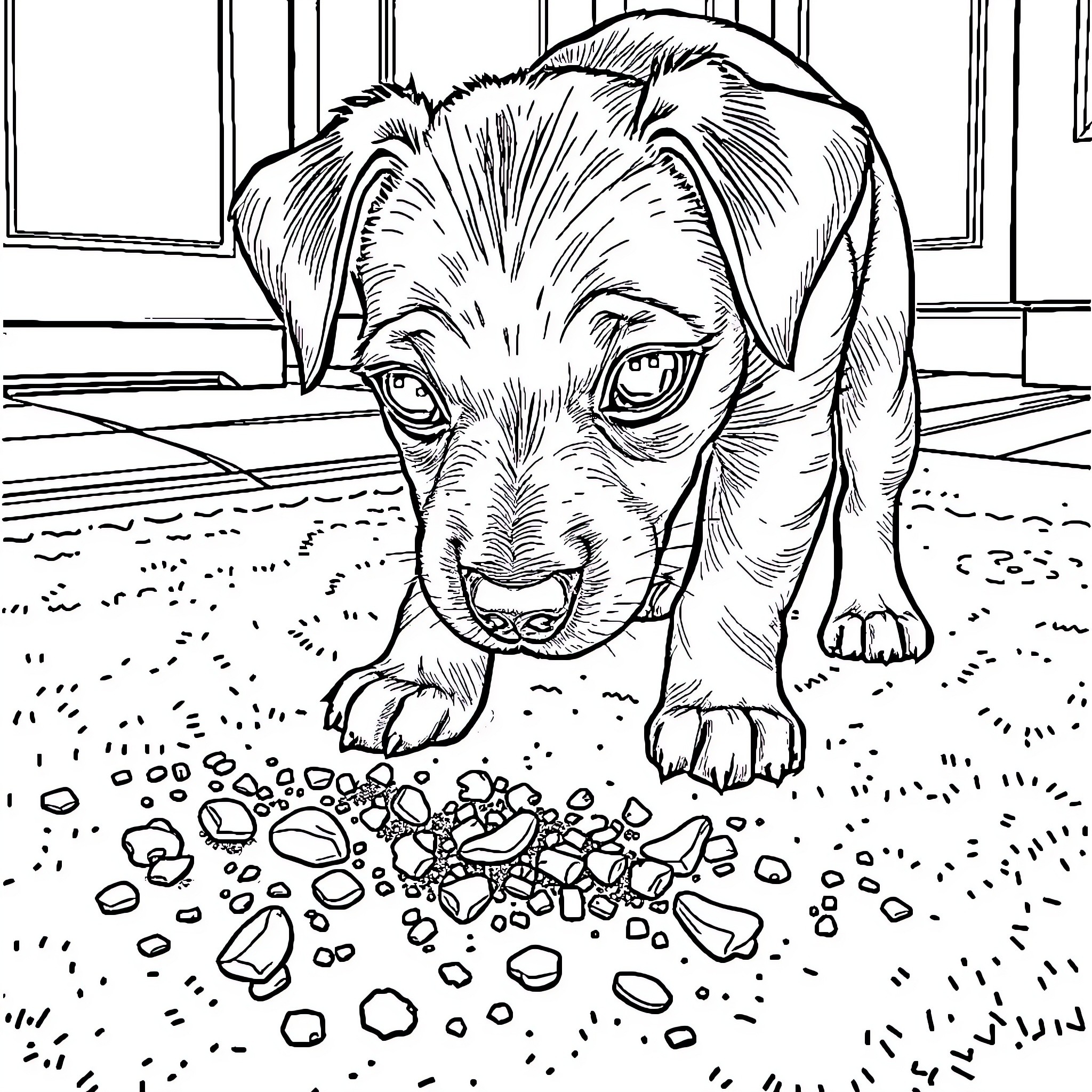 Dog exploring rock garden on rainy day Coloring Page (free black-and-white line drawing printable PDF for all, from beginners to advanced learners, including children, teens, adults, and seniors)