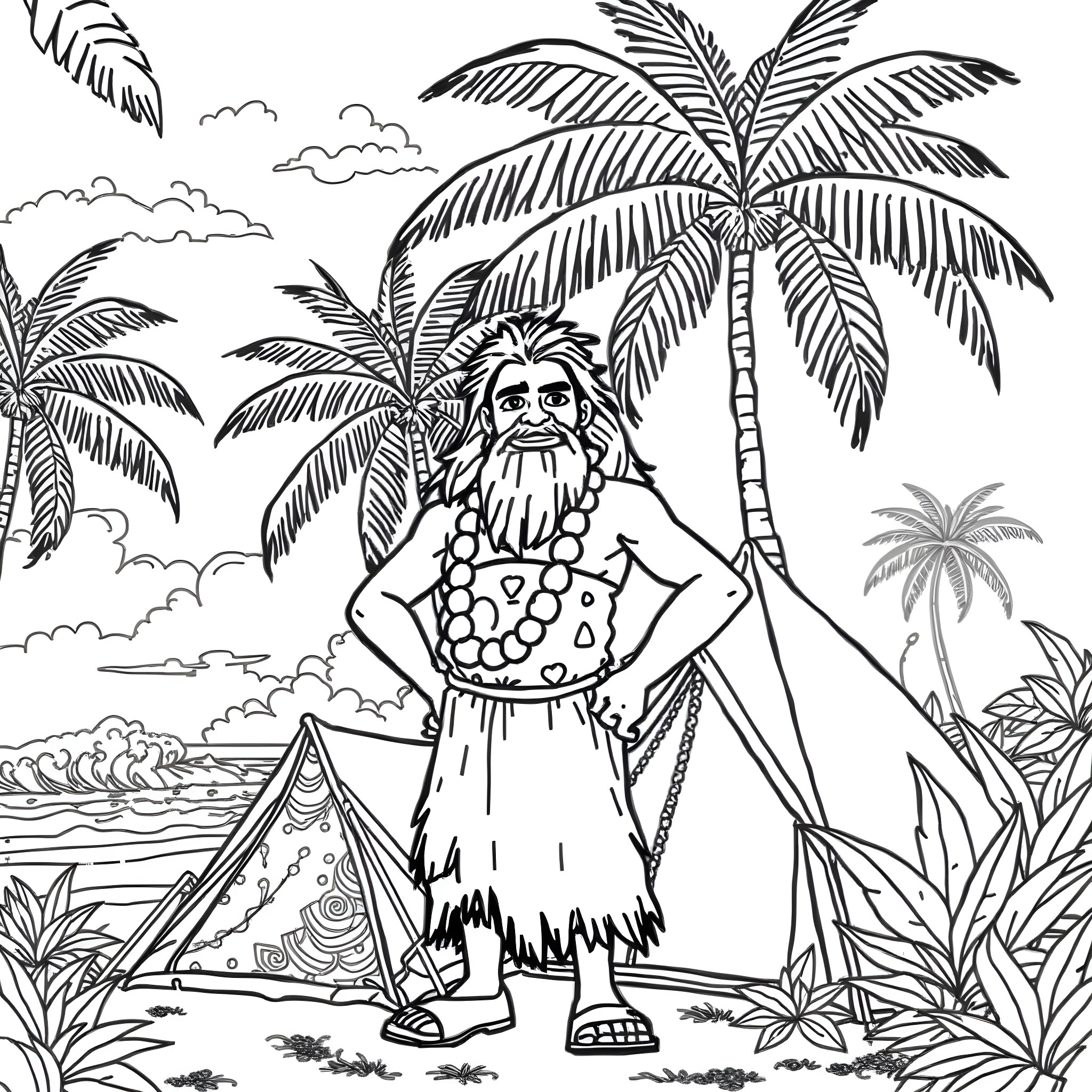 Maui enjoying the tropical island paradise Coloring Page (free black-and-white line drawing printable PDF for all, from beginners to advanced learners, including children, teens, adults, and seniors)