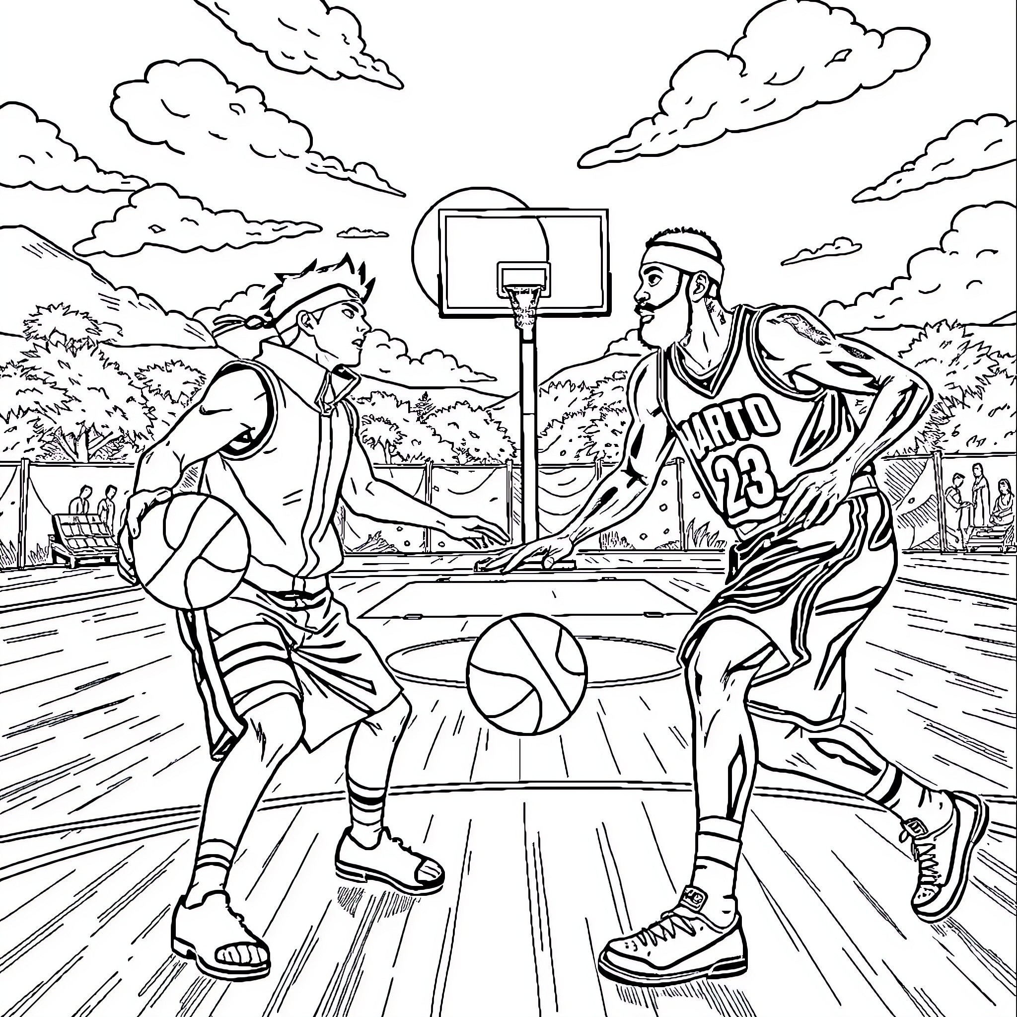 Naruto characters playing basketball on the court Coloring Page (free black-and-white line drawing printable PDF for all, from beginners to advanced learners, including children, teens, adults, and seniors)