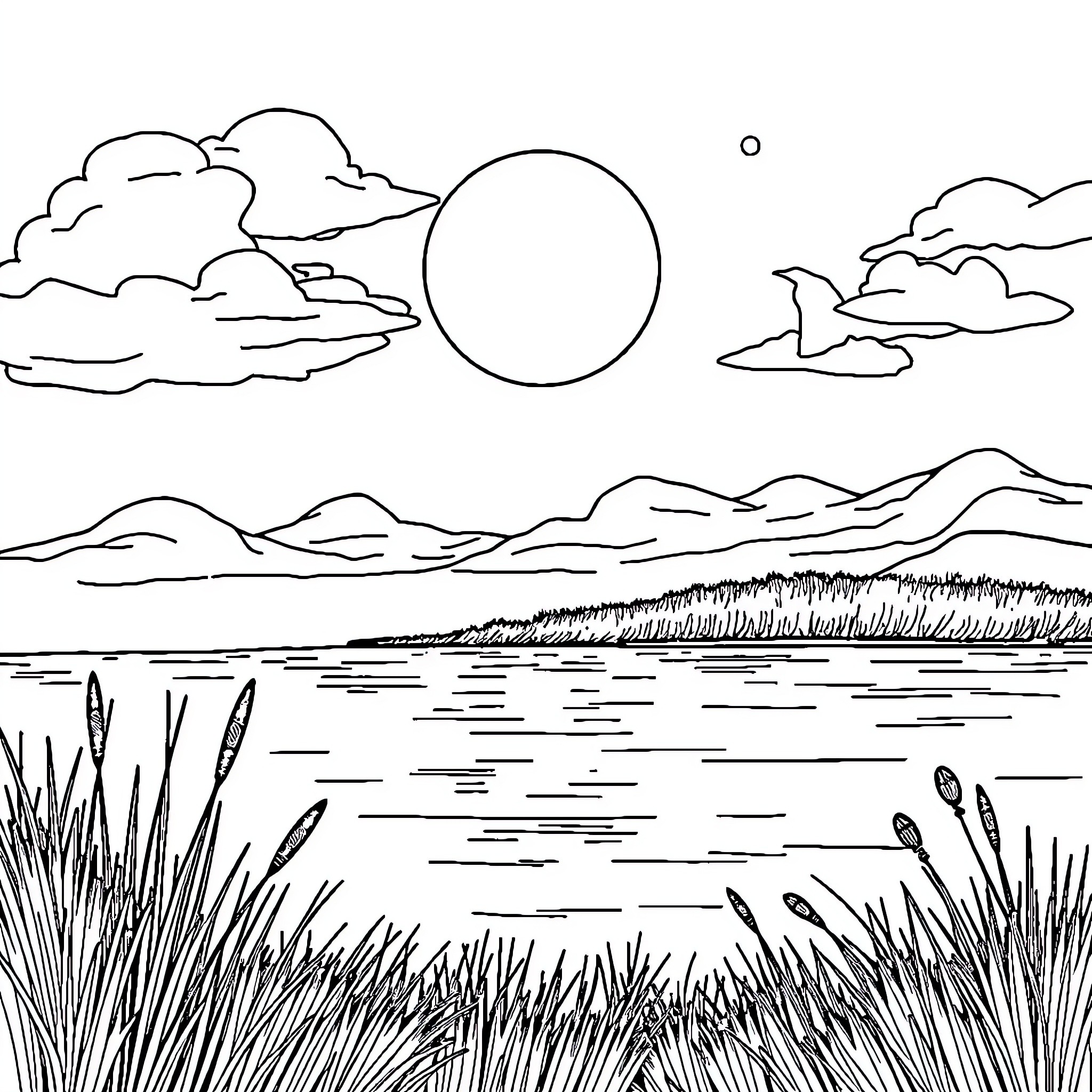 Peace in the tranquil landscape Coloring Page (free black-and-white line drawing printable PDF for all, from beginners to advanced learners, including children, teens, adults, and seniors)