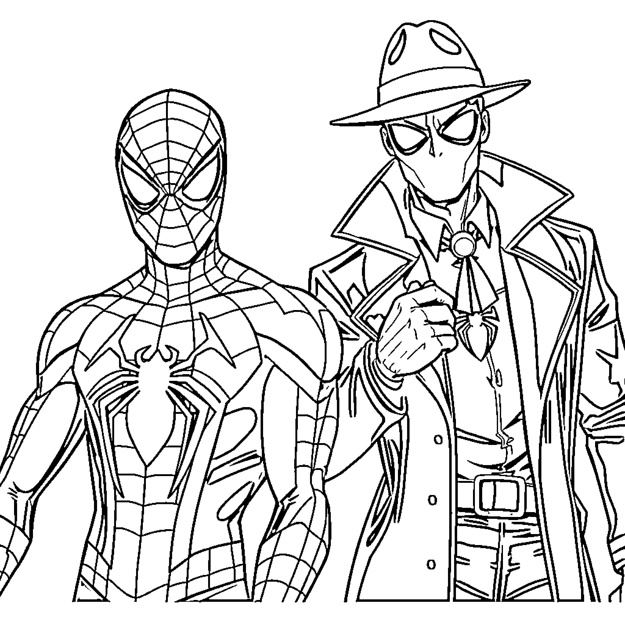 Spider-Man and Mysterious Ally in Action Coloring Page (free black-and-white line drawing printable PDF for all, from beginners to advanced learners, including children, teens, adults, and seniors)