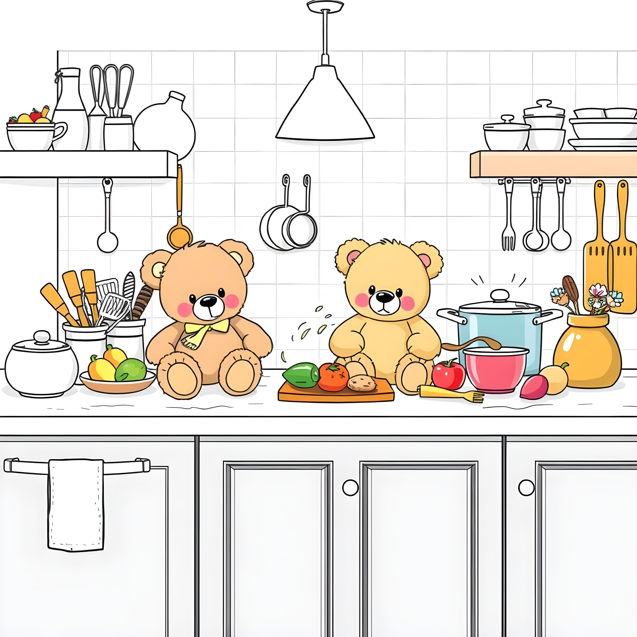 Teddy Bears Cooking in the Kitchen Coloring Page (free black-and-white line drawing printable PDF for all, from beginners to advanced learners, including children, teens, adults, and seniors)