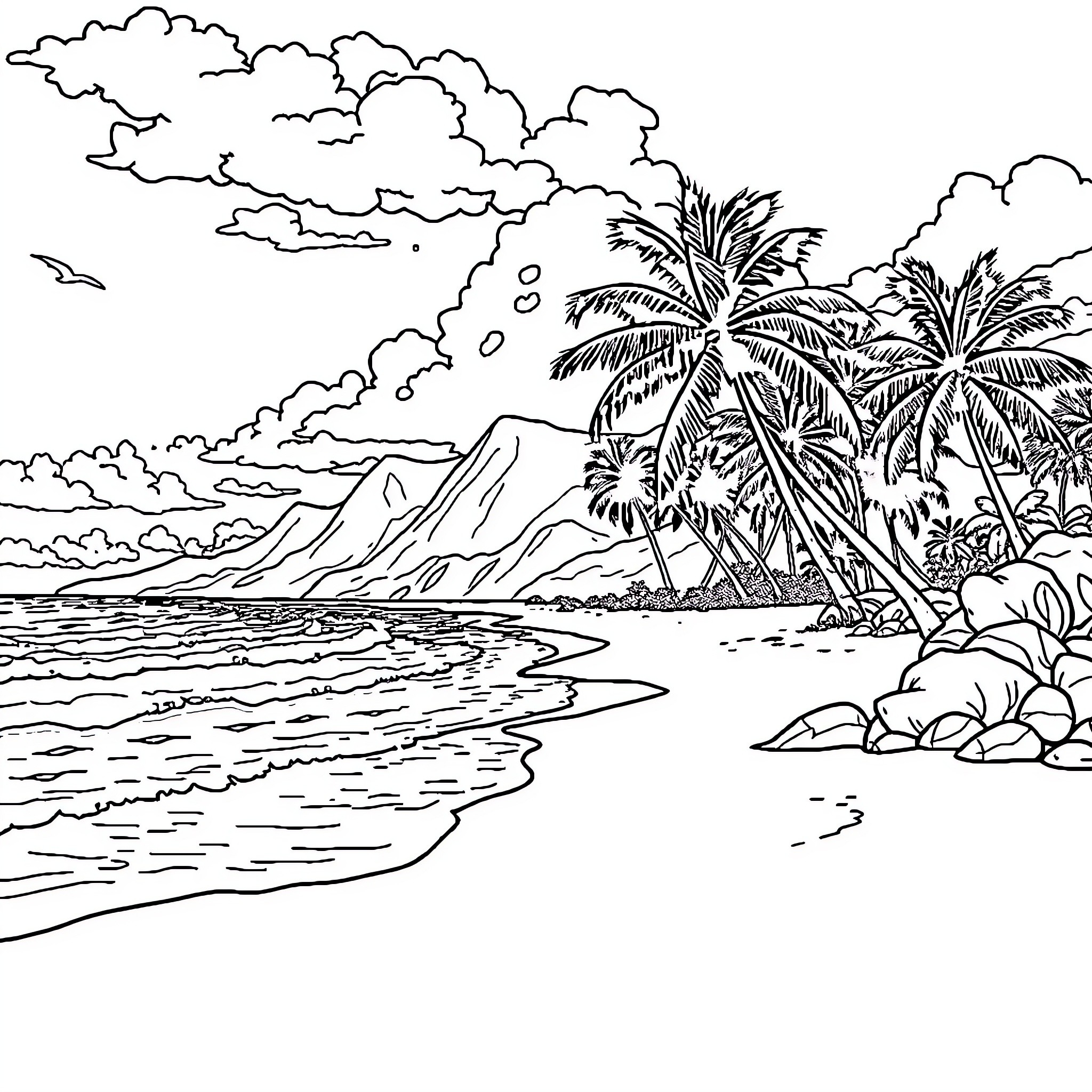 Beach scene with palm trees and rocky cliffs Coloring Page (free black-and-white line drawing printable PDF for all, from beginners to advanced learners, including children, teens, adults, and seniors)
