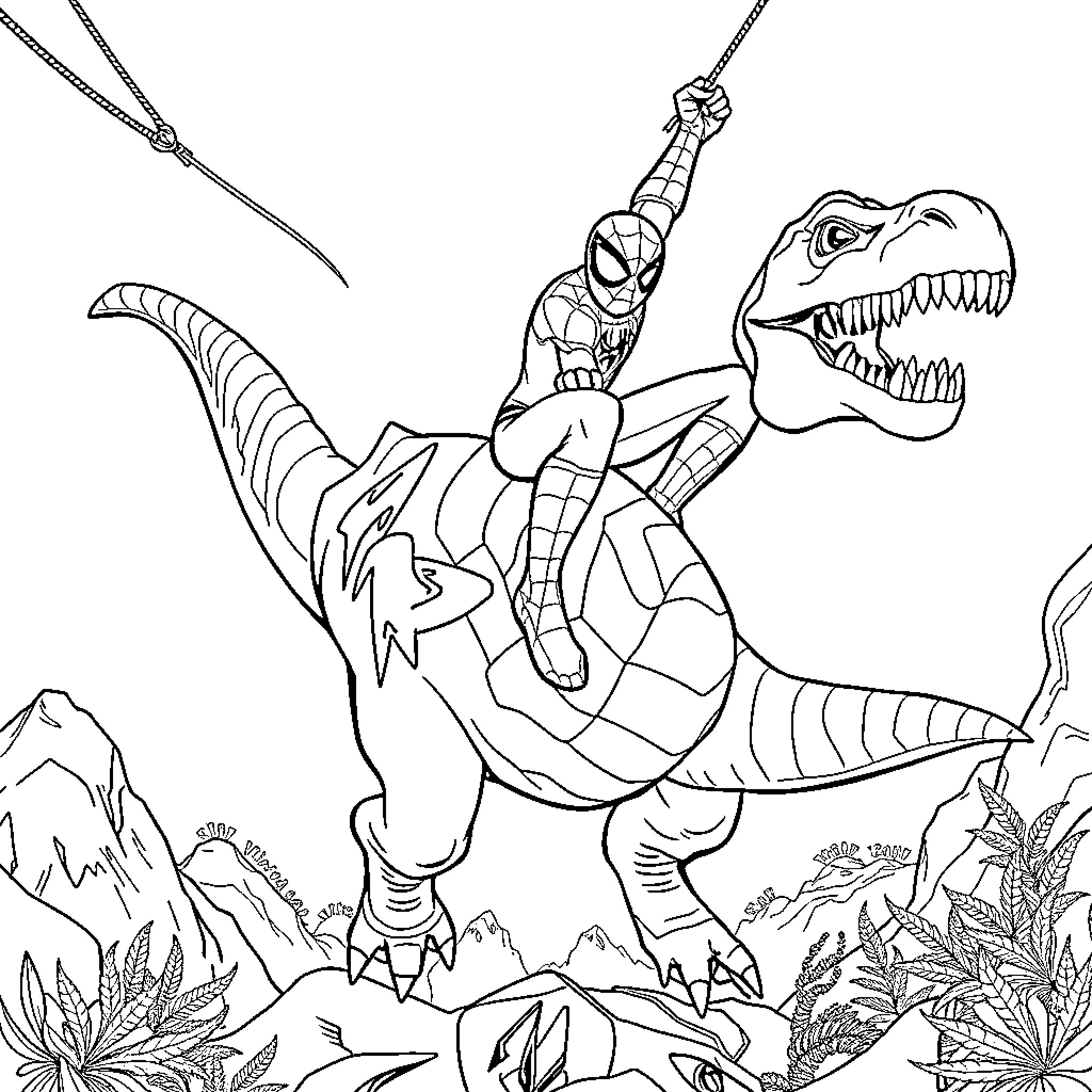 Spiderman battles a fearsome dinosaur in the wilderness Coloring Page (free black-and-white line drawing printable PDF for all, from beginners to advanced learners, including children, teens, adults, and seniors)