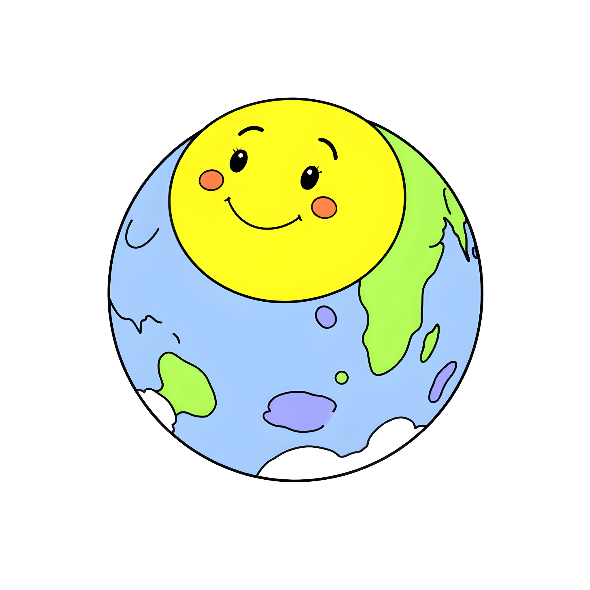 Earth smiling happily with friendly expressions Coloring Page (free black-and-white line drawing printable PDF for all, from beginners to advanced learners, including children, teens, adults, and seniors)