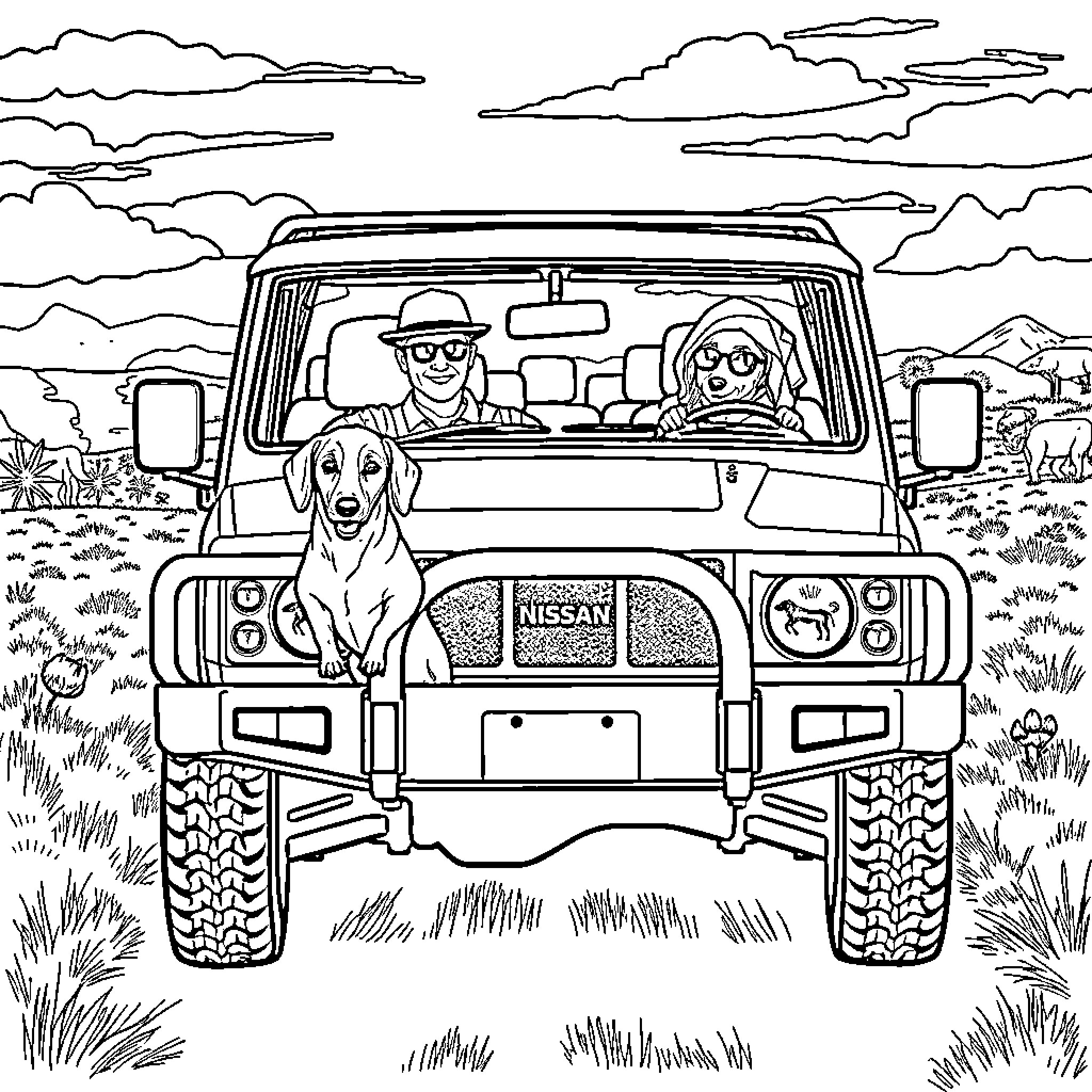 Nissan Patrol adventure with dog and people Coloring Page (free black-and-white line drawing printable PDF for all, from beginners to advanced learners, including children, teens, adults, and seniors)