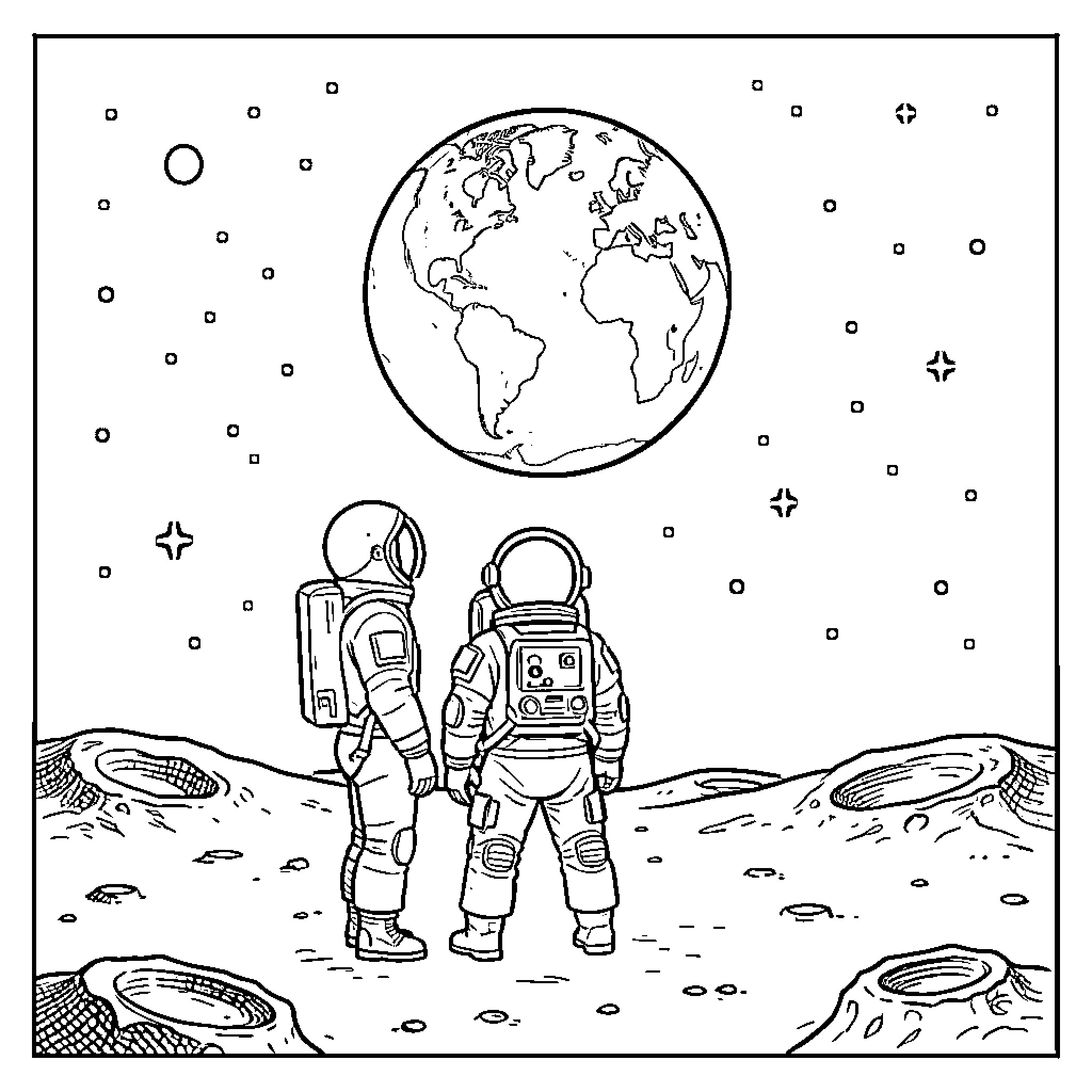 Astronauts exploring the lunar surface Coloring Page (free black-and-white line drawing printable PDF for all, from beginners to advanced learners, including children, teens, adults, and seniors)