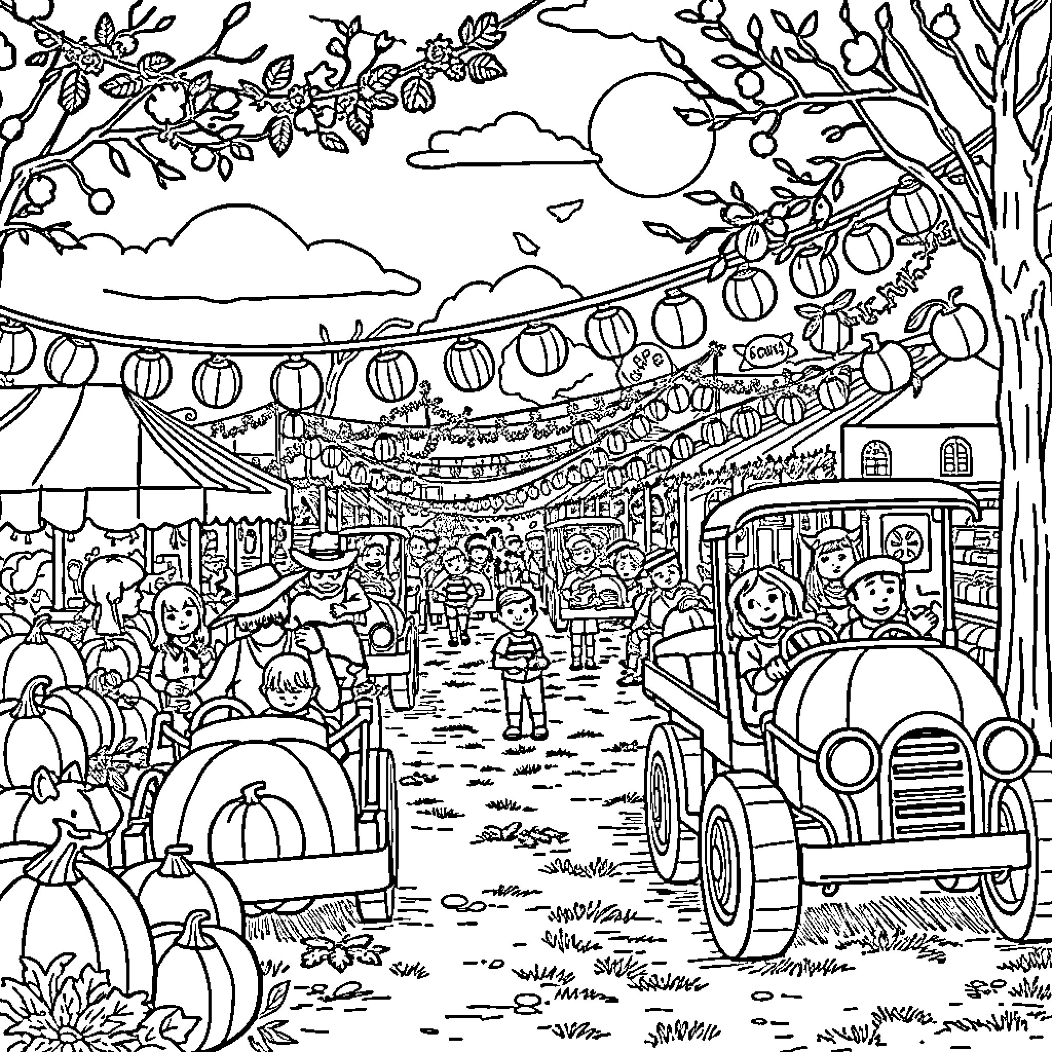 Pumpkin Festival in the Countryside Coloring Page (free black-and-white line drawing printable PDF for all, from beginners to advanced learners, including children, teens, adults, and seniors)