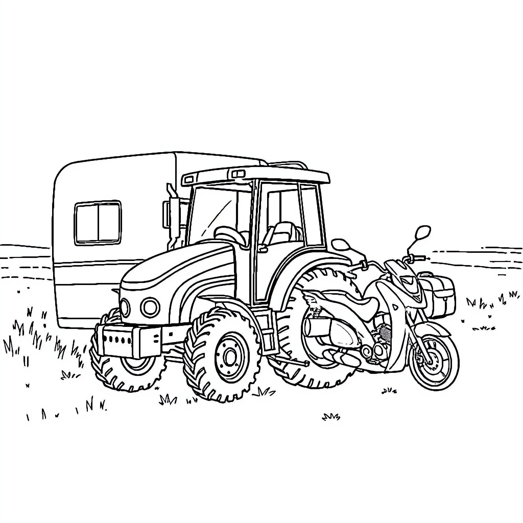 Tractor and trailer transporting motorcycle on rural landscape Coloring Page (free black-and-white line drawing printable PDF for all, from beginners to advanced learners, including children, teens, adults, and seniors)