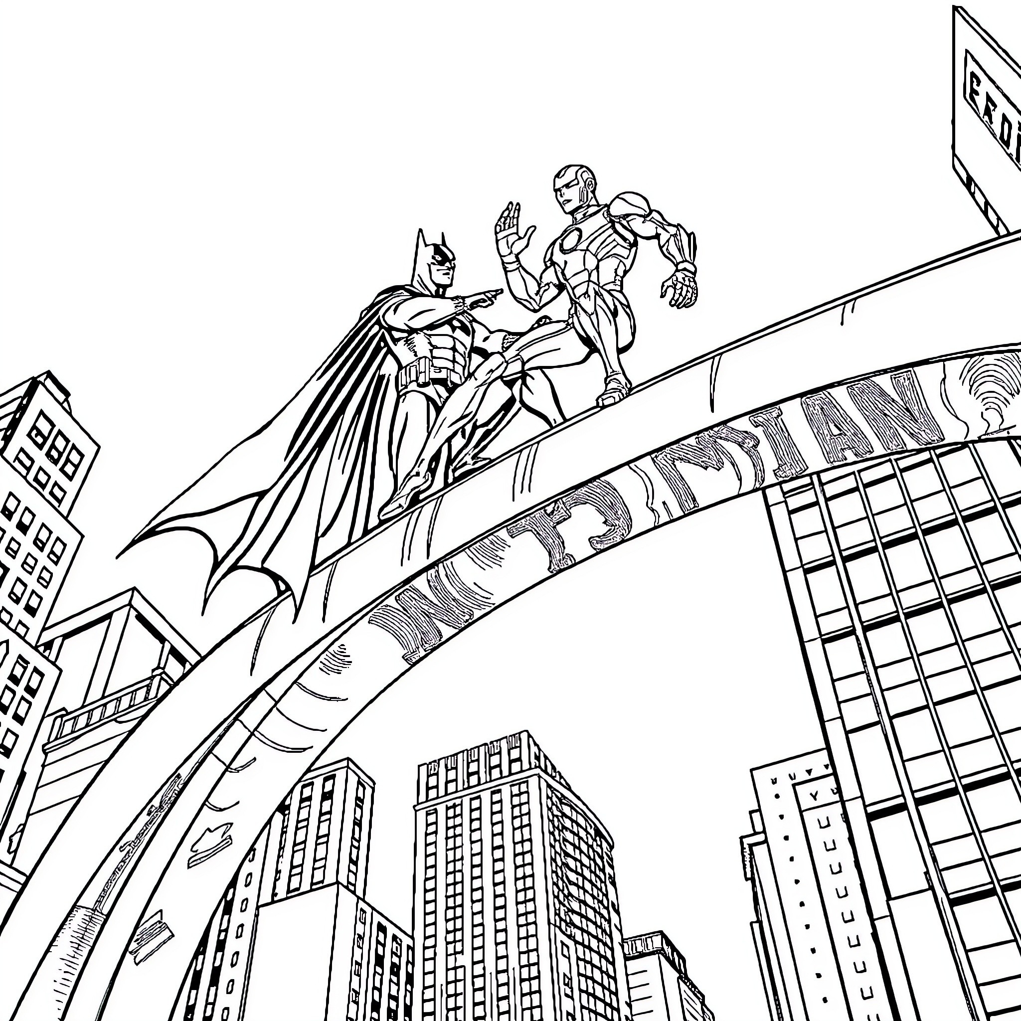Batman and Iron Man battle above the city skyline Coloring Page (free black-and-white line drawing printable PDF for all, from beginners to advanced learners, including children, teens, adults, and seniors)