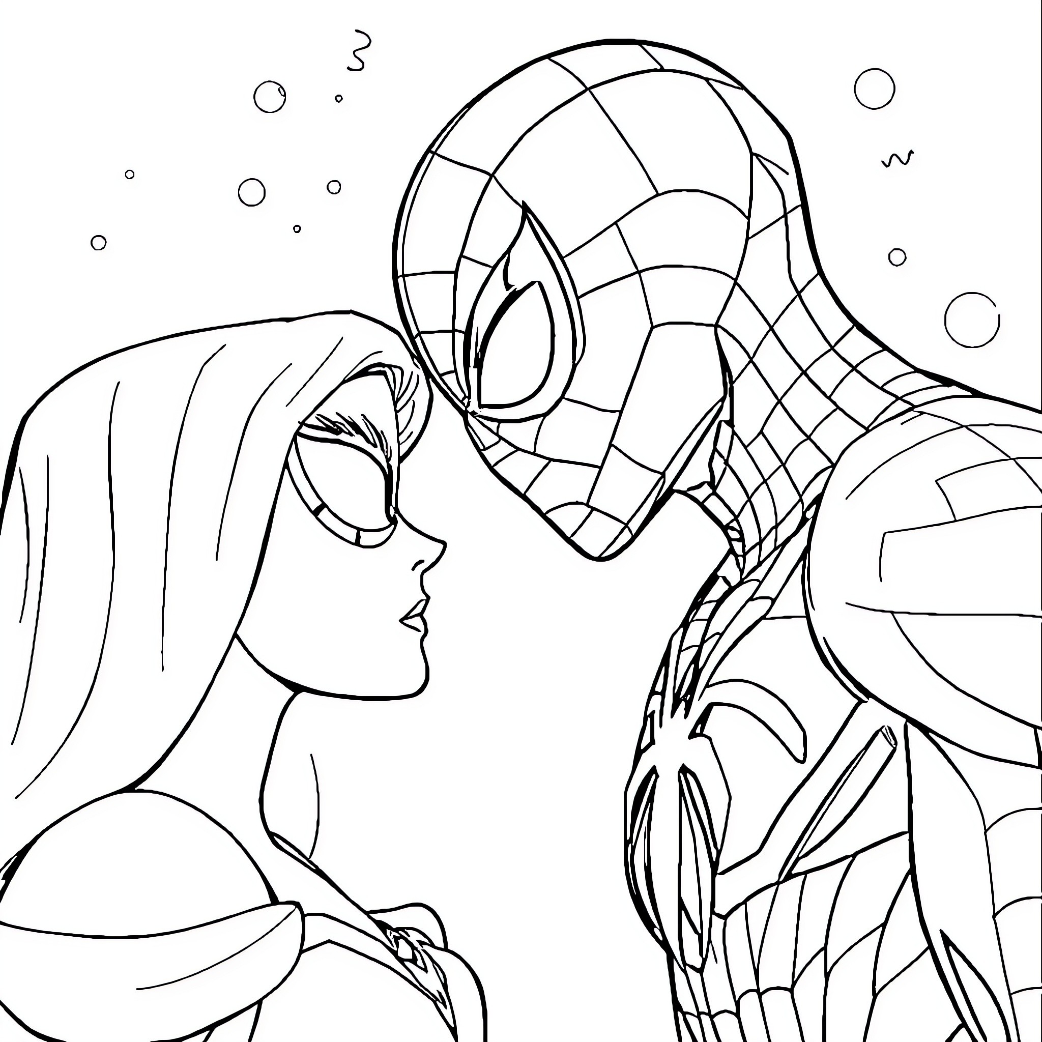 Spiderman interacting with a woman in an expressive scene Coloring Page (free black-and-white line drawing printable PDF for all, from beginners to advanced learners, including children, teens, adults, and seniors)