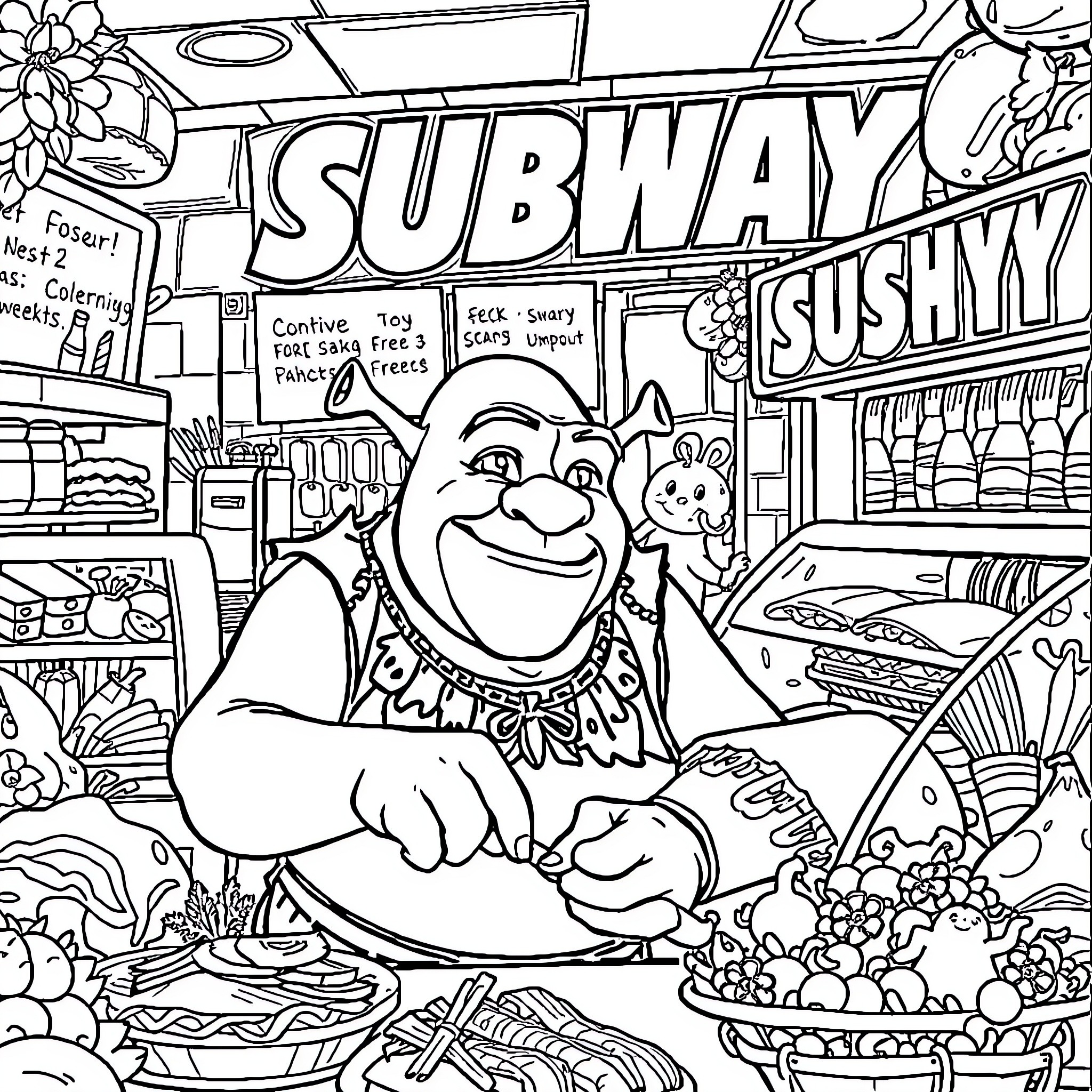 Shrek enjoys a hearty meal at the Subway Coloring Page (free black-and-white line drawing printable PDF for all, from beginners to advanced learners, including children, teens, adults, and seniors)