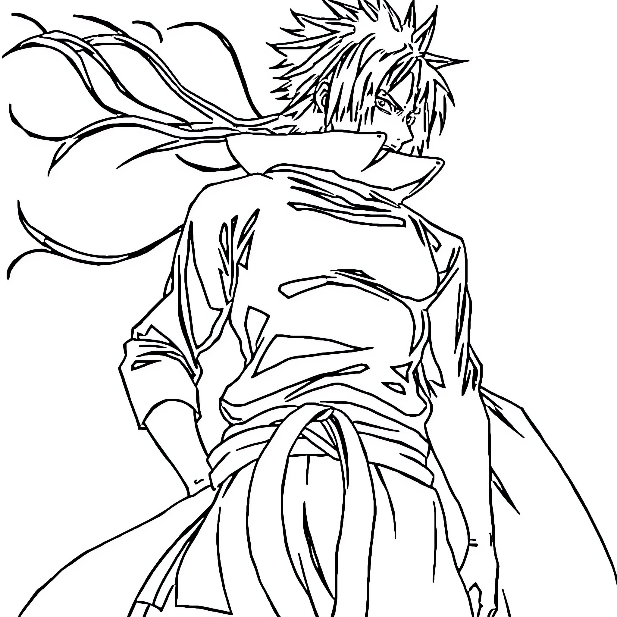 Sasuke in action-packed combat pose Coloring Page (free black-and-white line drawing printable PDF for all, from beginners to advanced learners, including children, teens, adults, and seniors)
