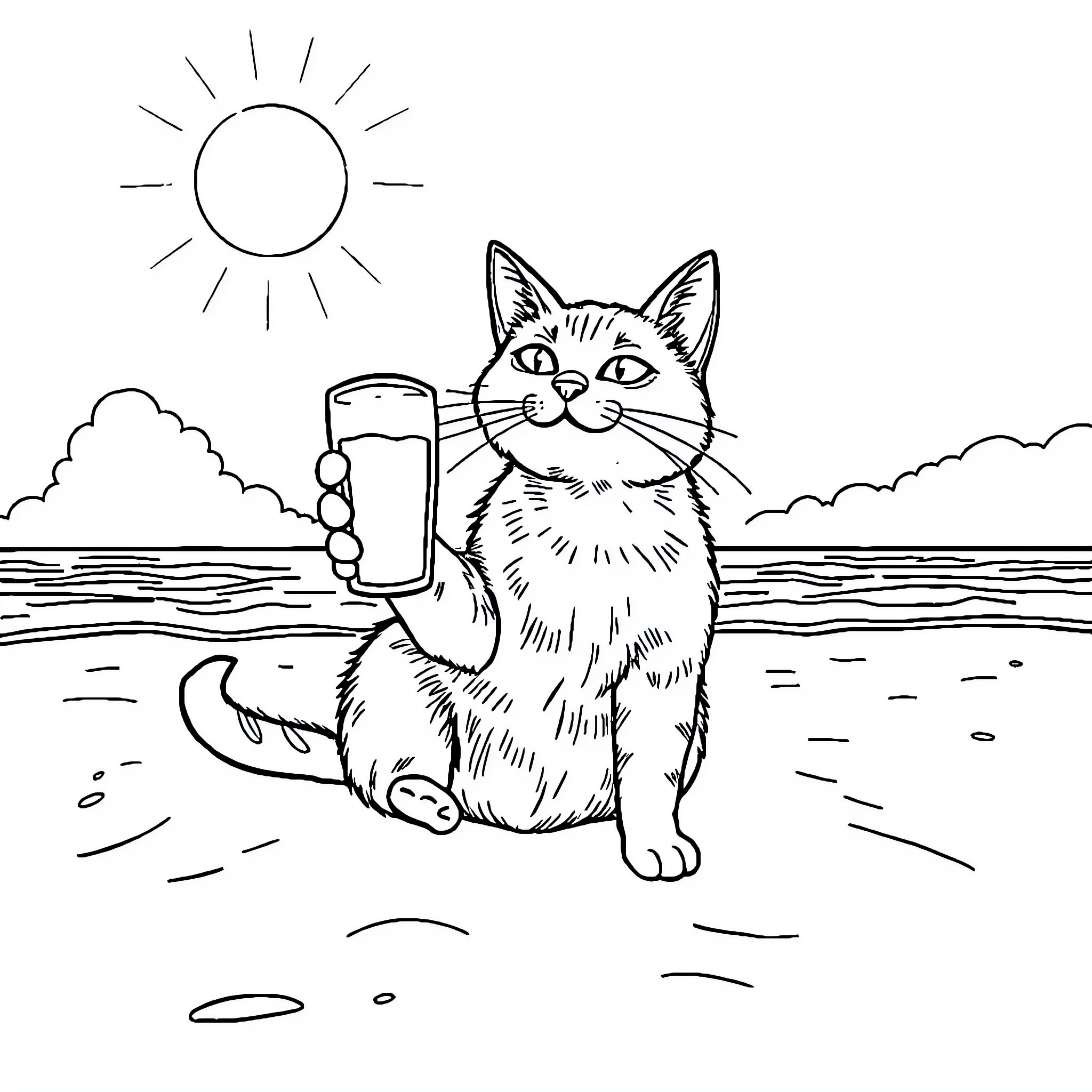 Cat relaxing on the beach with drink Coloring Page (free black-and-white line drawing printable PDF for all, from beginners to advanced learners, including children, teens, adults, and seniors)