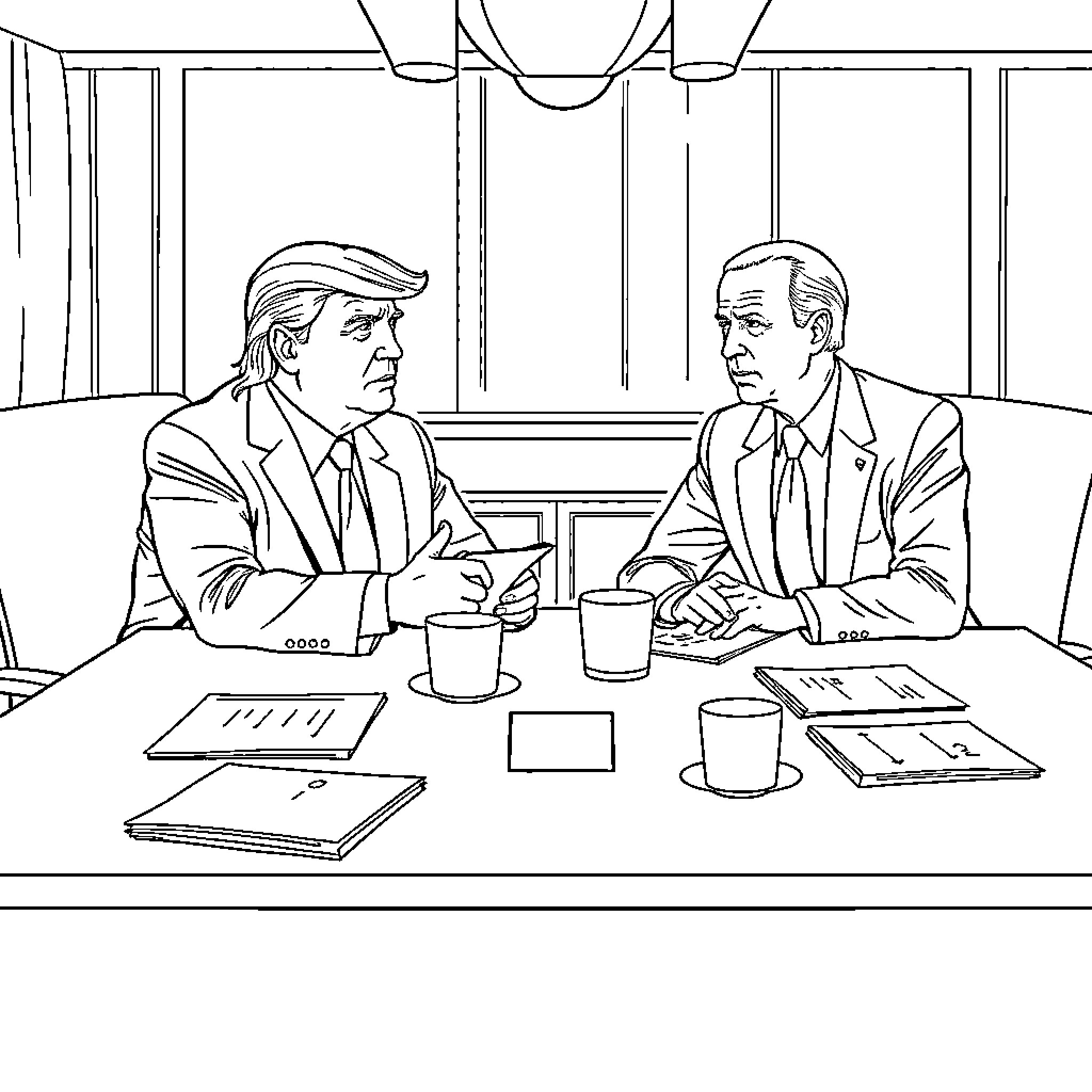 Donald Trump Meeting with Political Advisor in Office Coloring Page (free black-and-white line drawing printable PDF for all, from beginners to advanced learners, including children, teens, adults, and seniors)